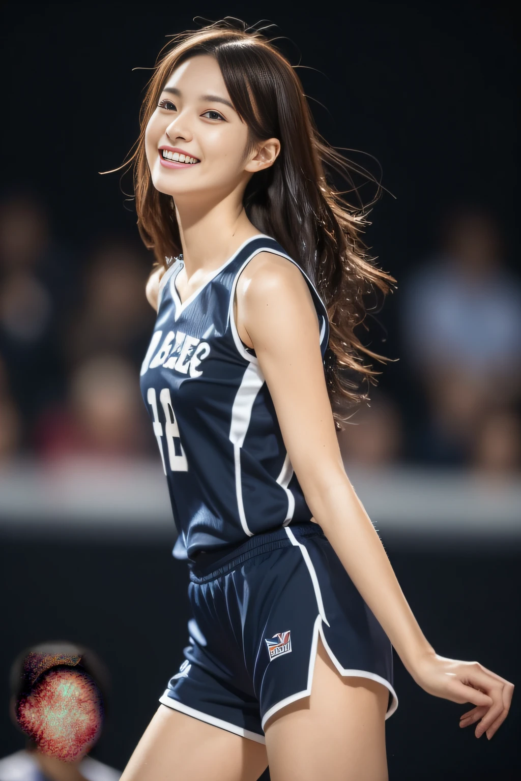 (Best quality, 8K, 32K, masutepiece, NFFSW:1.2), (1 slender woman of Japan, 28 years old), Dark brown hair, Long hair, Bright foreground, Professional lighting, photon maping, Radio City, Shading:1.3, (High-detail skin:1.2), (Shorts, cropped shoulders:1.1), Jumps, ((Provocative dynamic pose)), (she is soaking wet), Top-down view:1.5, basketball suit:1.3, com rosto detalhado, Detailed lips, Detailed eyes, Double eyelids, Inside the stadium, Look for a camera, (sensual gaze to the photographer, Lips slightly open), Rest basketball court, The audience got excited, Confetti flies, Happy smile,