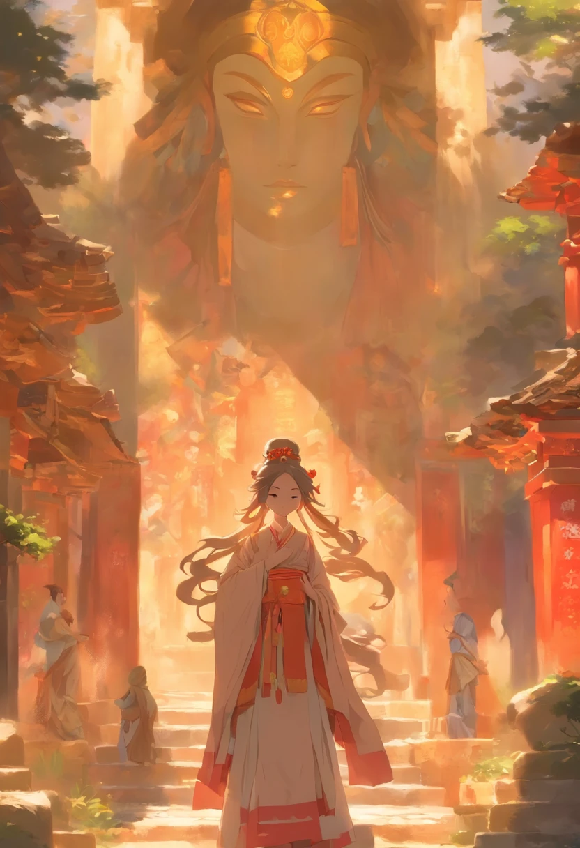 In a quiet village,A young girl in antique costume stands in front of an ancient temple。She looked up at the huge figure of God high above。,The statue of the god is majestic and majestic,As if beyond mortal dust。God is a young man,He wears gorgeous Hanfu,Manners are varied,Its appearance is huge,Like a god。
The girl's eyes showed awe and piety,Her hands clenched gently,Endless respect for the gods。In this peaceful village,God's presence brings peace and hope。His tall figure stood above the village,Like a guardian,Bring blessings and shelter to people。
The whole scene is full of ancient atmosphere,It exudes a mysterious and sacred light。The girl's costumes and statues show a strong atmosphere of antiquity,It's like going back in time。The picture is full of power and beauty,Awe-inspiring and moving。