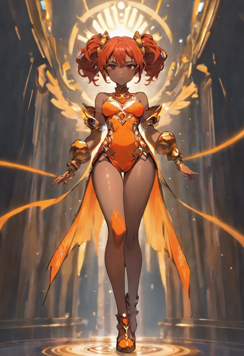 ( dark-skinned female, spiritual power,23-year-old,, emmiting a visible aura., ), (black and orange hair in twintails, hetrochromia orange and gold Almond shaped eyes , full lips, full breast , big aluring ass, wide nubian concave nose, heart shaped strong physique, strong, alluring,)::10 ( black boots,sensual red and orange summer dress, red Stylistic 'R' tattoo on her abdomen. Her right hand on hip, left hand glowing silver . strong magnificent body , )::4 (masterpiece), high quality, Octane Render, intricate, intricate details, maximalist, highly detailed, finely detailed, ultra-detailed, The two-tone background features a busy festive futuristic street at night.