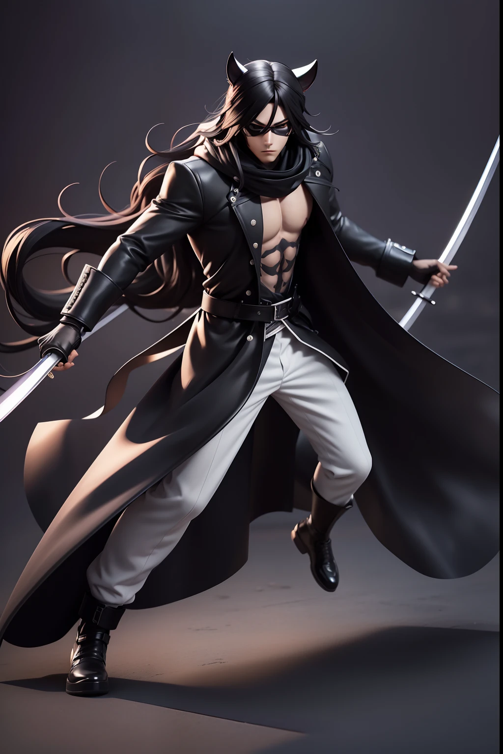 anime style, male anime character, man Black mask covering mouth, (long wavy hair), (black hair), (((black mask))),(heavy black scarf),(gas condition),(( (black overcoat))) , (night moonlight),(tanned skin tone),(holding a katana),(floor),(spectators),(fighting move),hand-drawn anime style, dynamic, full length, animation quality, ANIME icon, looking at camera face, 8k, full length, best background, masterpiece, awesome titles, ultra hd|, insane title, perfect hands