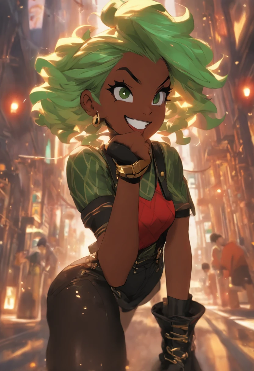 high resolution thick-line fighting game character splash-art (dark-skinned female) , nubian button nose, heart shaped face, full lips, green curly hair, . Wood tone skin, emerald eyes, soft physique, medium square body type, full breast, heart shaped rear, curvy hips :: (Urban style white and mint mid-drif tblouse, green tie, a black fllowing knee high suspender skirt, some white socks and black combat boots and some red weighted gloves, ) ( gold chain with quil pen hanging) BREAK (20 years-old, runaway heiress, cocky, newbie adventurer fighter and guild member, cunning and excitable, magic writer, ) BREAK(masterpiece), The style is inspired by Rival Schools, and the art is by Edayn and Alex "oh8" Ahmed. The two-tone background features an evening sun cascading over a futuristic urban city festival