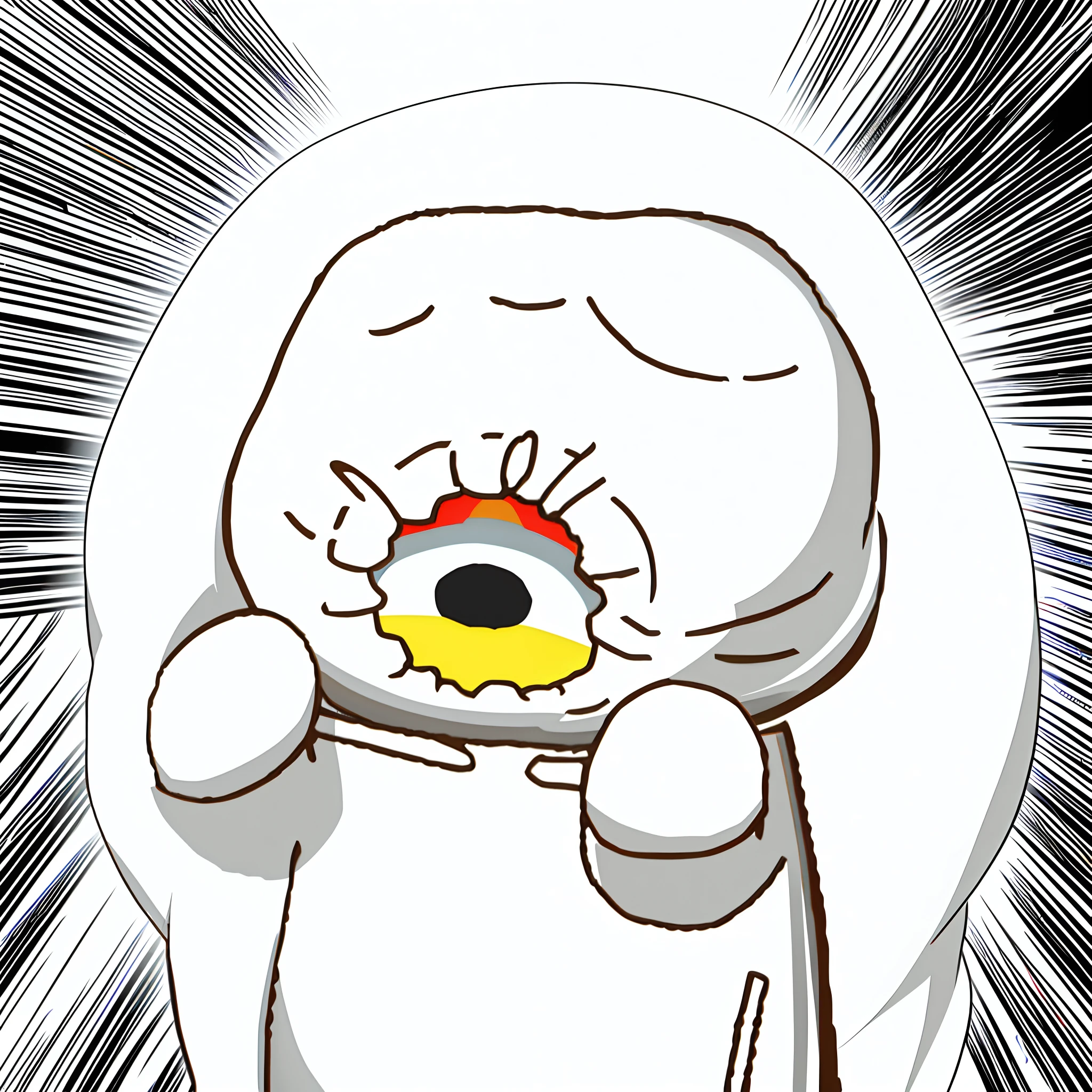 A caricature of a man in a white coat holding a doughnut, giga chad crying, blob anime, SCP 3008, photo of scp-173, SCP-049, crying and puking, Empty eye sockets, style of pusheen. Comic, senko-san, fat chibi grey cat, komono