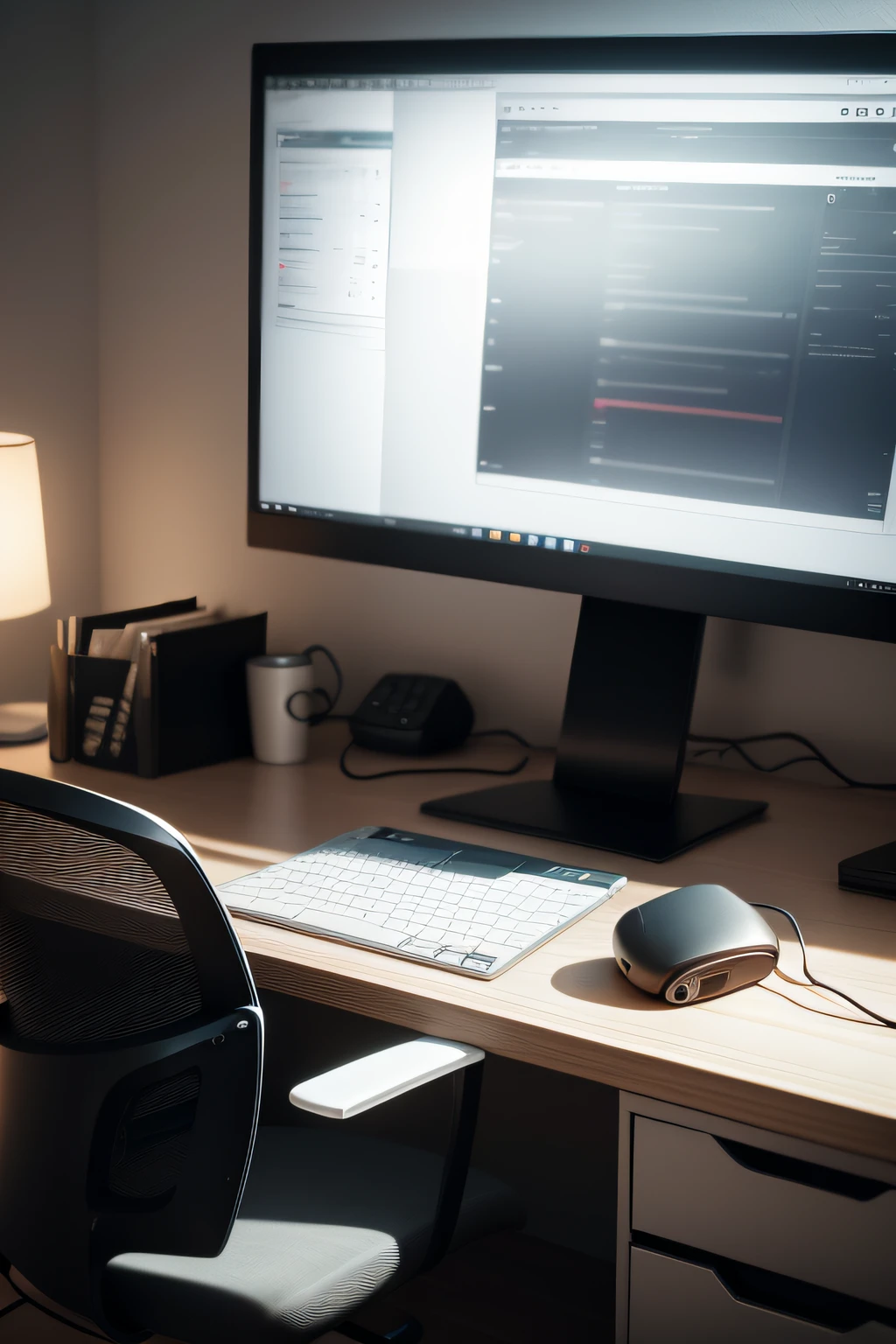 computer desktop, with mouse and headphones, on an office table, with chair, room with lighting. ultra realistic image