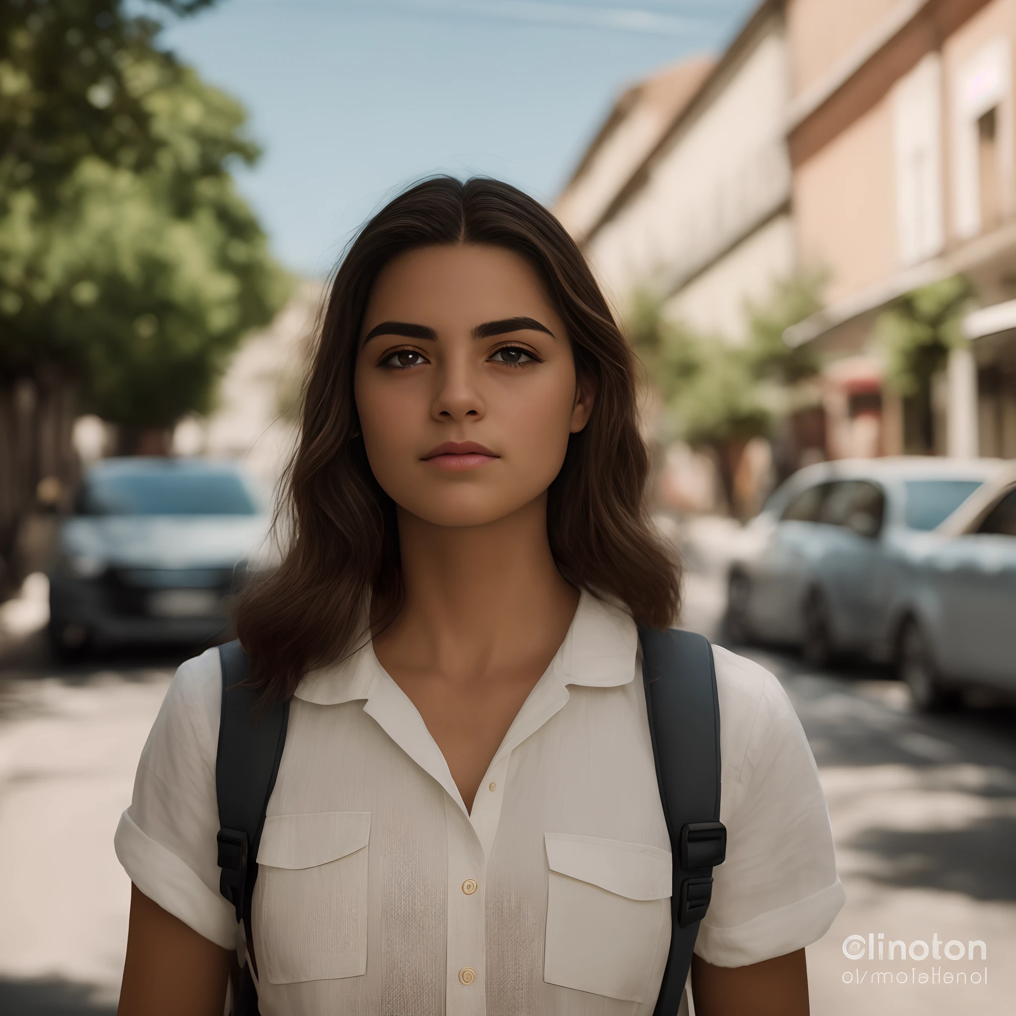 Woman in white shirt and backpack standing on a street, Foto retrato suave 8 k, Anton Fadeev 8 K, color photograph portrait 4k, 🤤 retrato da menina, fotografia retrato 4K, fotografia retrato 4K, retrato. 8 k high definition, Retrato VFX altamente detalhado, 8k portrait render, detailed unblurred face, Retrato 8 K nua em cima de uma moto