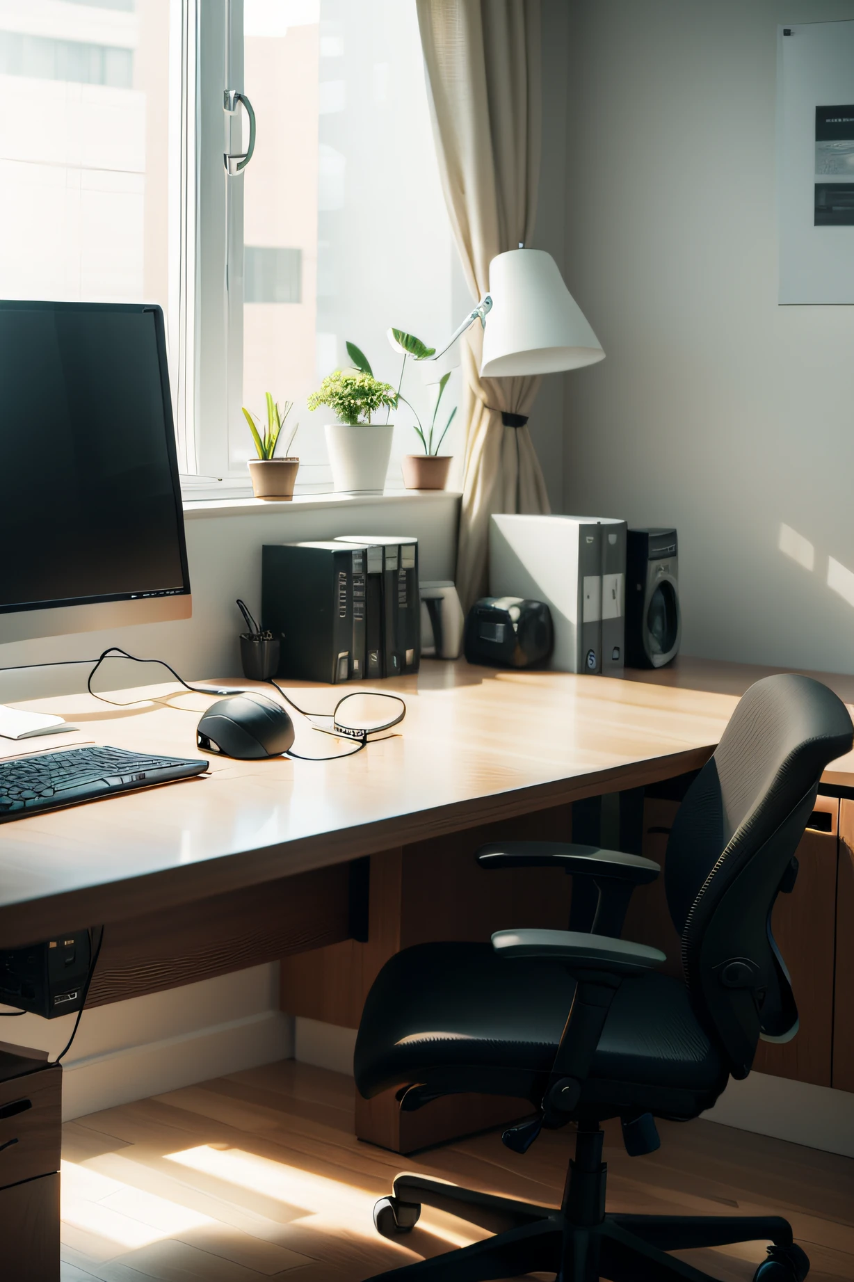 computer desktop, with mouse and headphones, on an office table, with chair, room with lighting. ultra realistic image