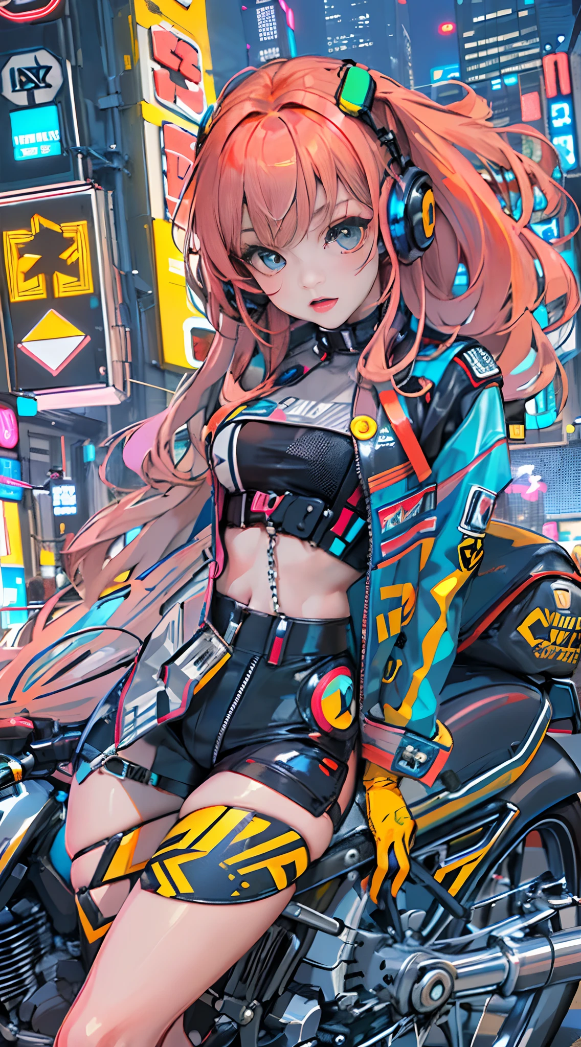 masutepiece, Best Quality, Confident cyberpunk girl, Full body shot, ((Stand in front of the motorcycle)), Pop costumes inspired by Harajuku, Bold colors and patterns, Eye-catching accessories, Trendy and innovative hairstyles, Bright makeup, Cyberpunk dazzling cityscape, Skyscrapers, neon signs, led lights, Bright and vivid color scheme, animesque, Illustration, Detailed skin texture, Detailed Cloth Texture, beautifull detailed face, Intricate details, ultra-detailliert.
