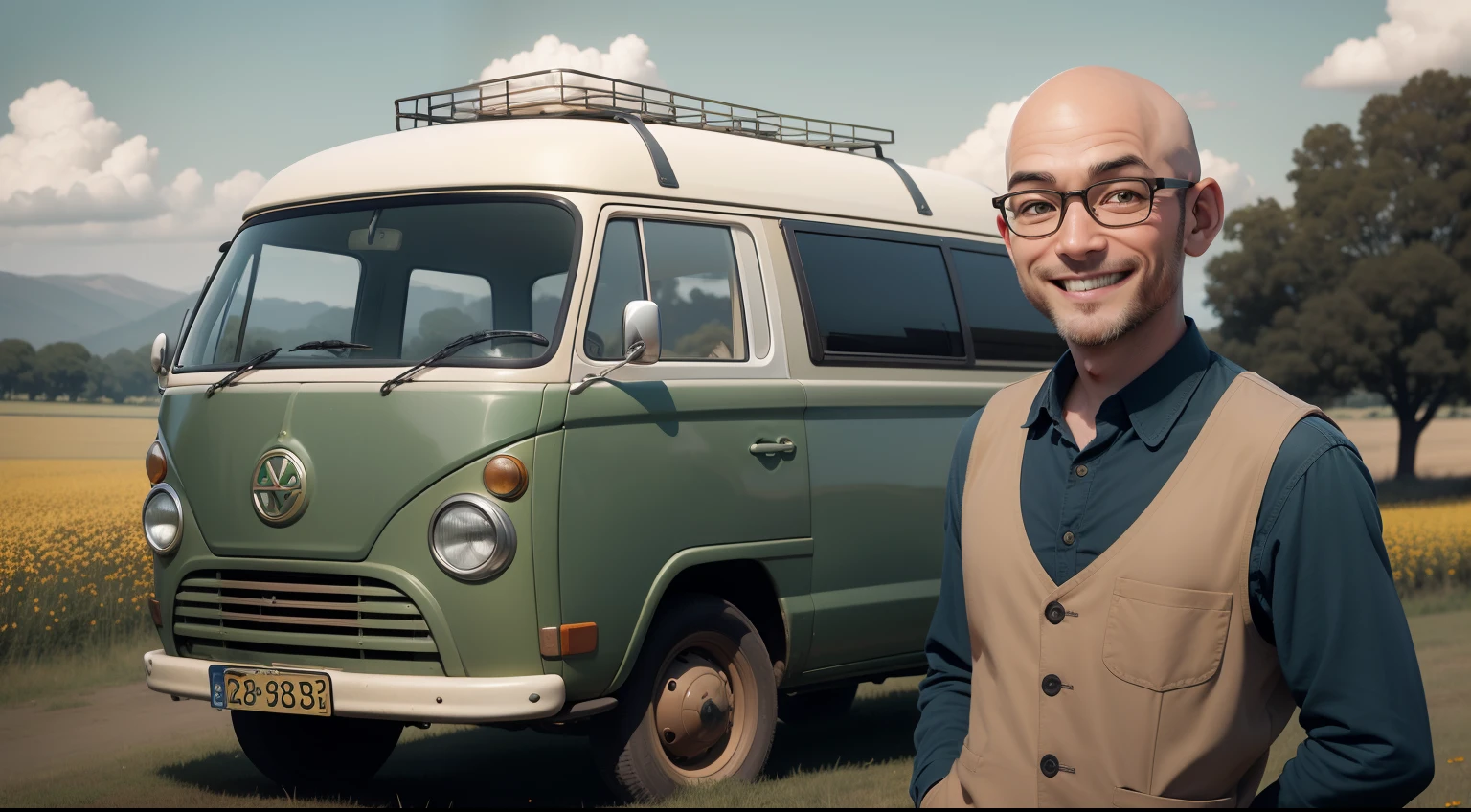one character,white bald man wearing glasses, without a beard, in brown clothes,  with a  smile,pose beside a in the background a green Kombi style van in a field