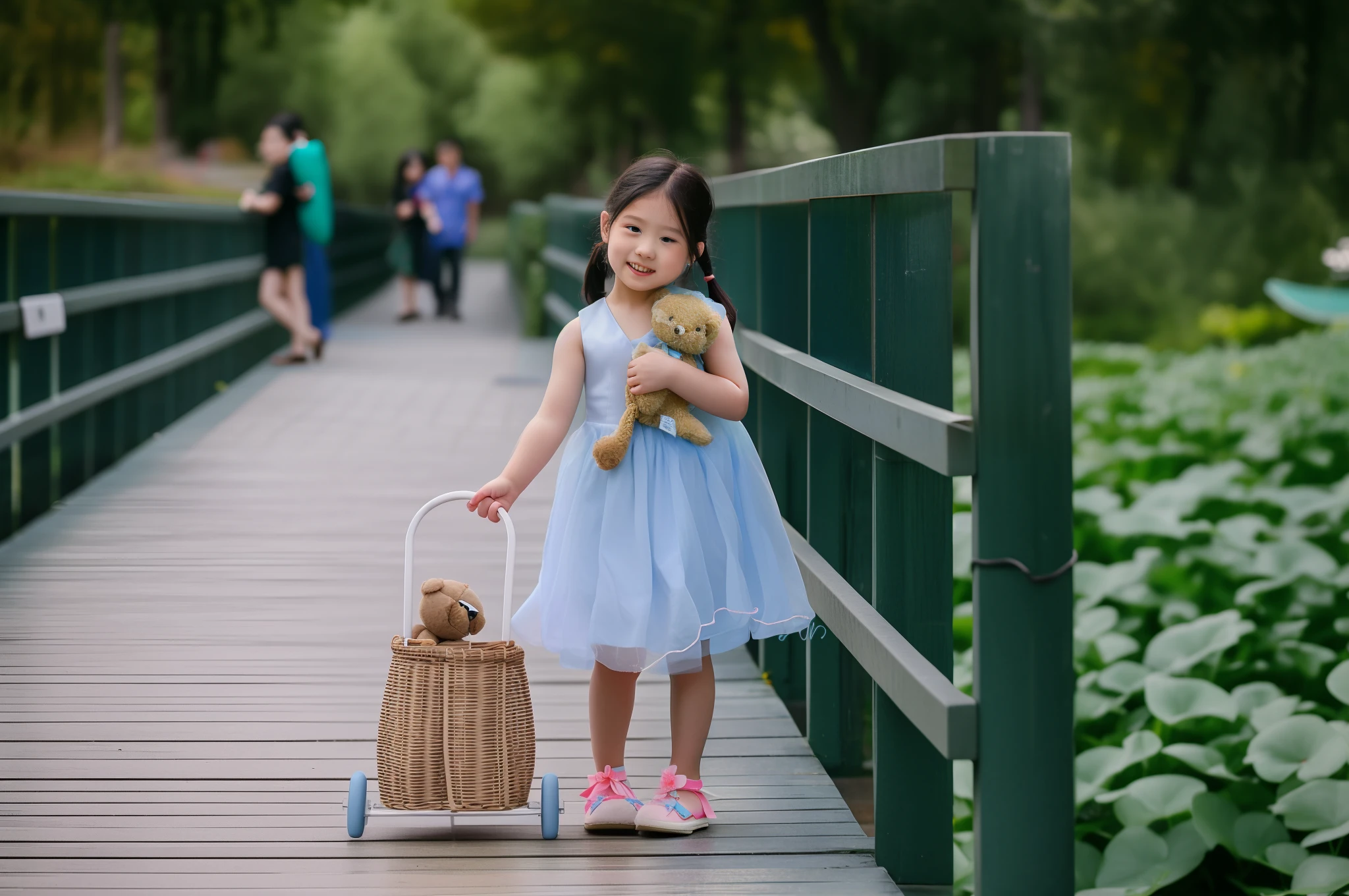 There was a girl holding a teddy bear, Photo taken with Nikon D 7 5 0, Photo taken with Nikon D750, Photo taken with Sony A7R, wearing a blue qipao dress, in a blue qipao, Young Asian girl, Chinese girl, Shot on Sony A 7 III, girl in a dress, Holding a teddy bear