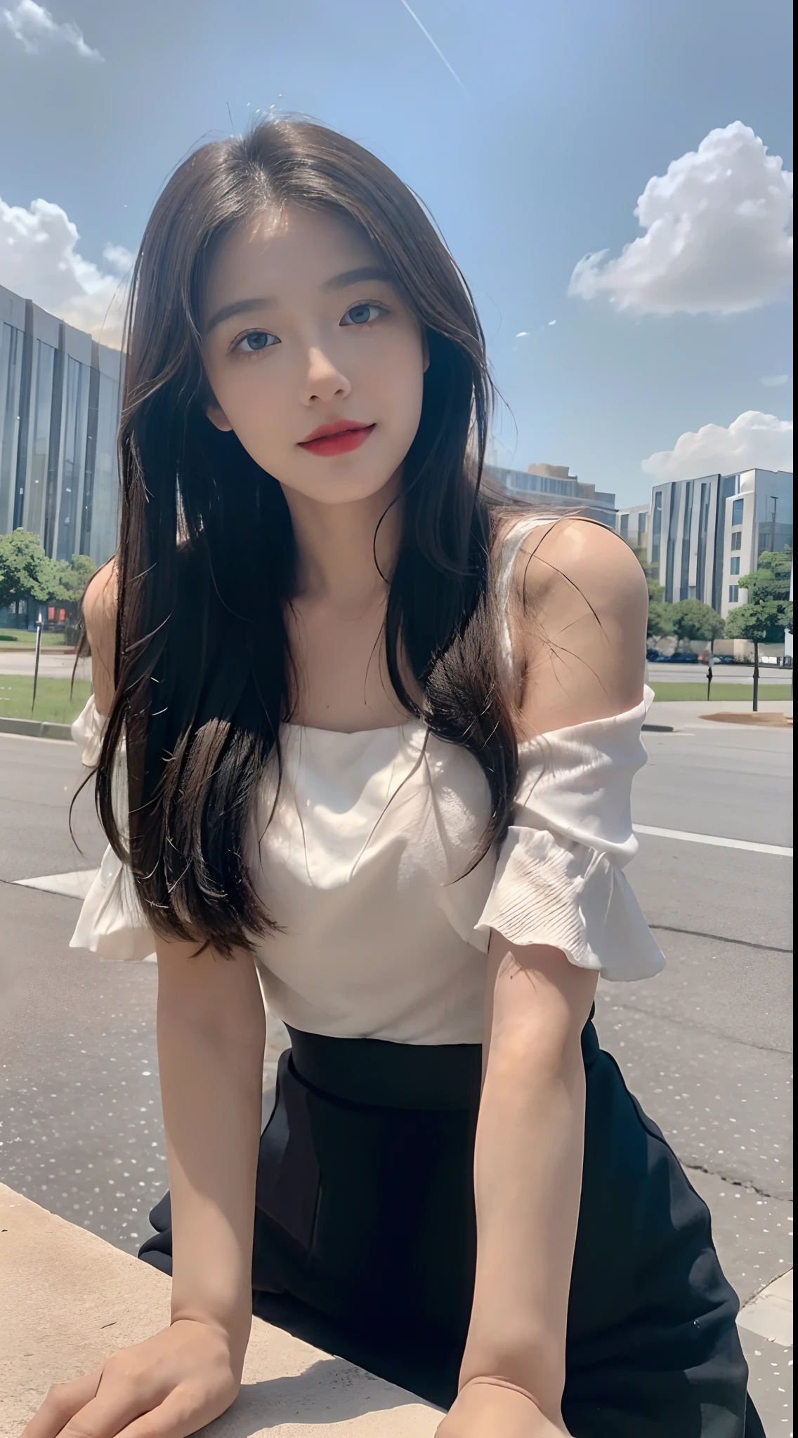 ((best qualtiy, 8K, tmasterpiece:1.3)), A pretty maiden,Pure,Melon seed face,gentle and cute,A sweet smile,Pure desire,Thin stature,(frontage),(Tilt your head),staring right into camera,uniform, Obi, formal,Black silky long, Straight hair,Long hair flowing over the shoulders,round black big eyes,Clear big eyes,Hydrated red lips,Sweet,Sit by the road,with blue sky and white clouds,Blue skies,grassy fields,Buildings,