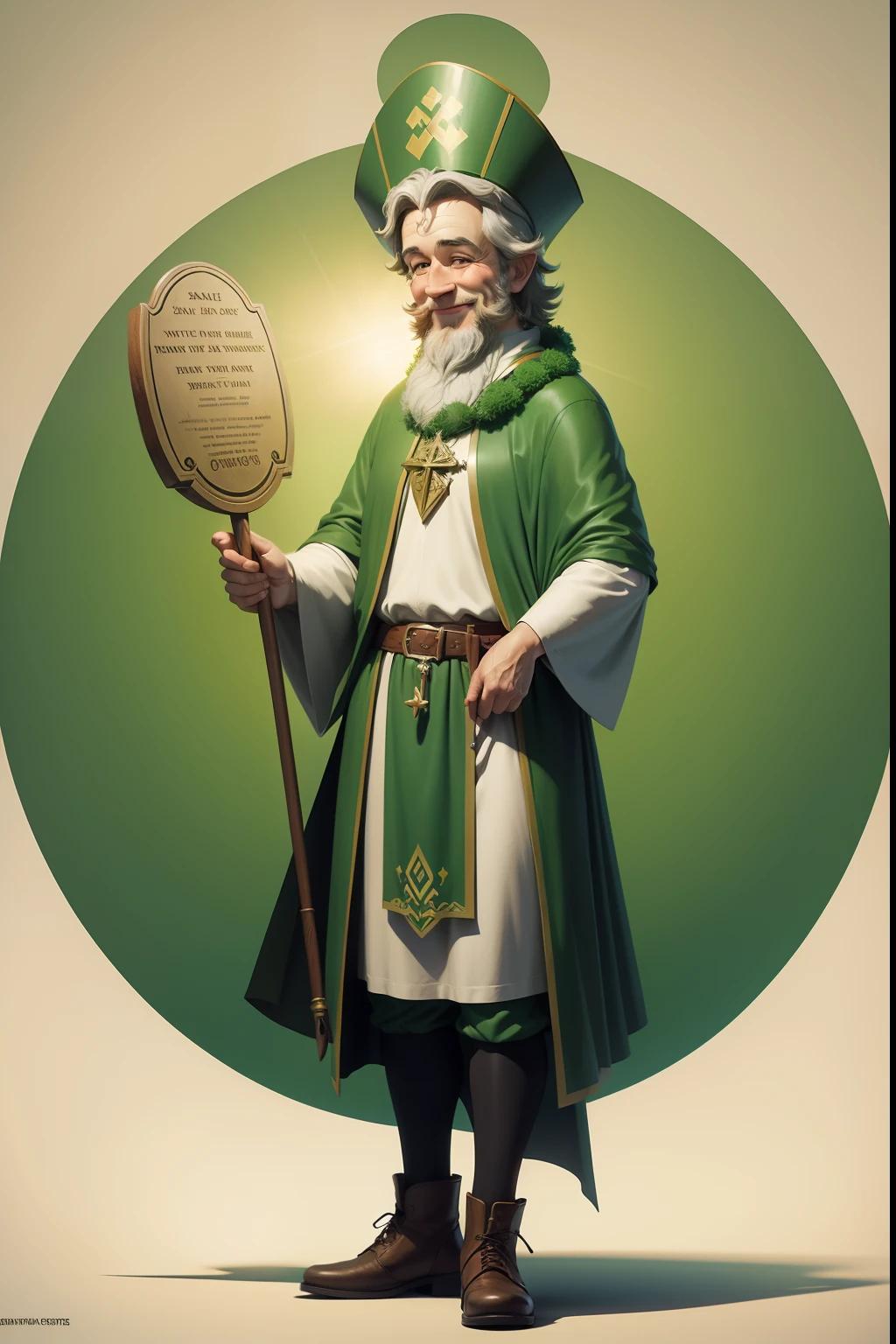 saint patrick of ireland, holding a Raffle, cartoon illustration, smile, 16k