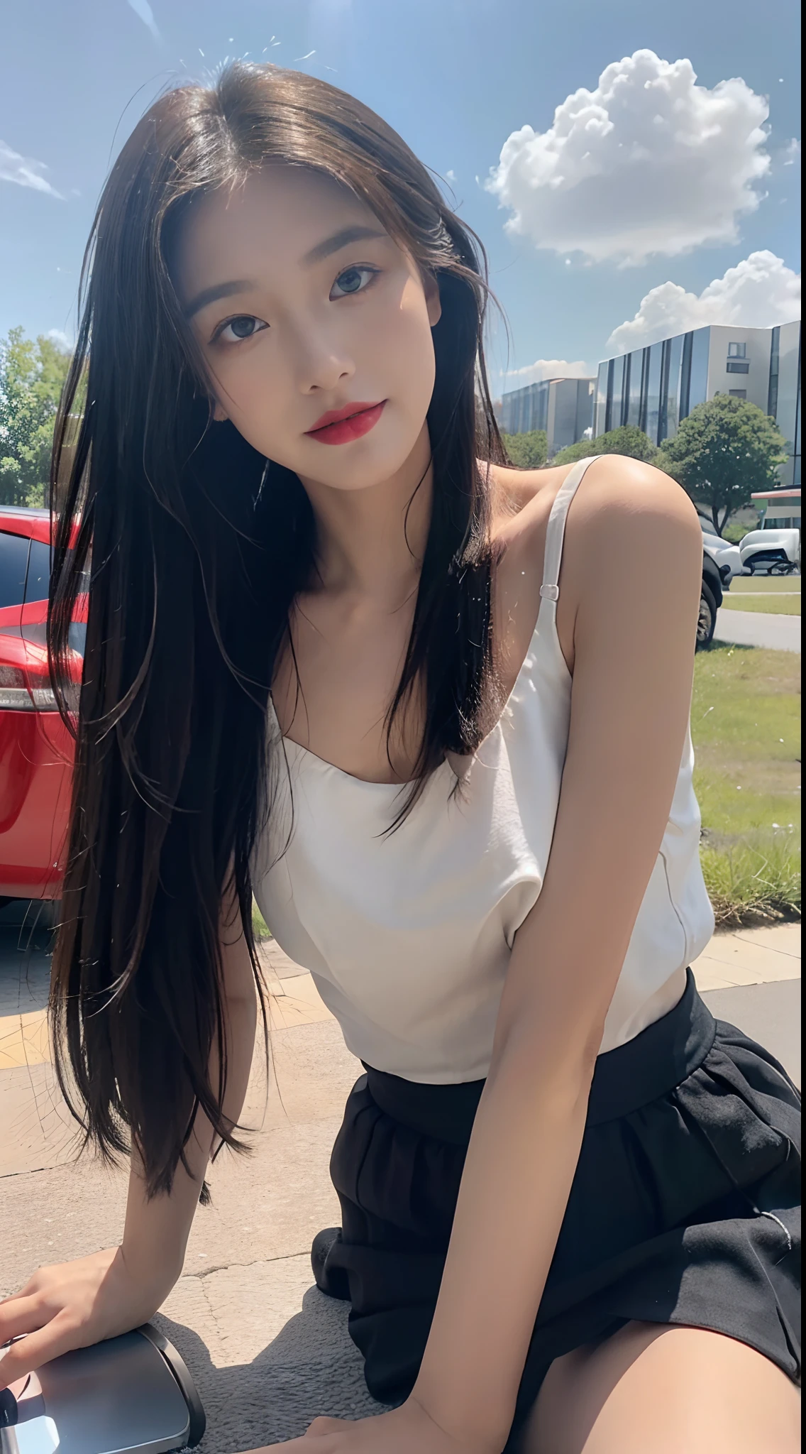A perfect young female white-collar worker,Chinese,High picture quality,Works of masters,Black hair,Long hair flowing over the shoulders,Beach wave hairstyle,cropped shoulders,clavicle,exquisite face,Hydrated red lips,Real Human,CG rendering,16k,Stand up,Empty interior,Do not show your hands,Close-up shot