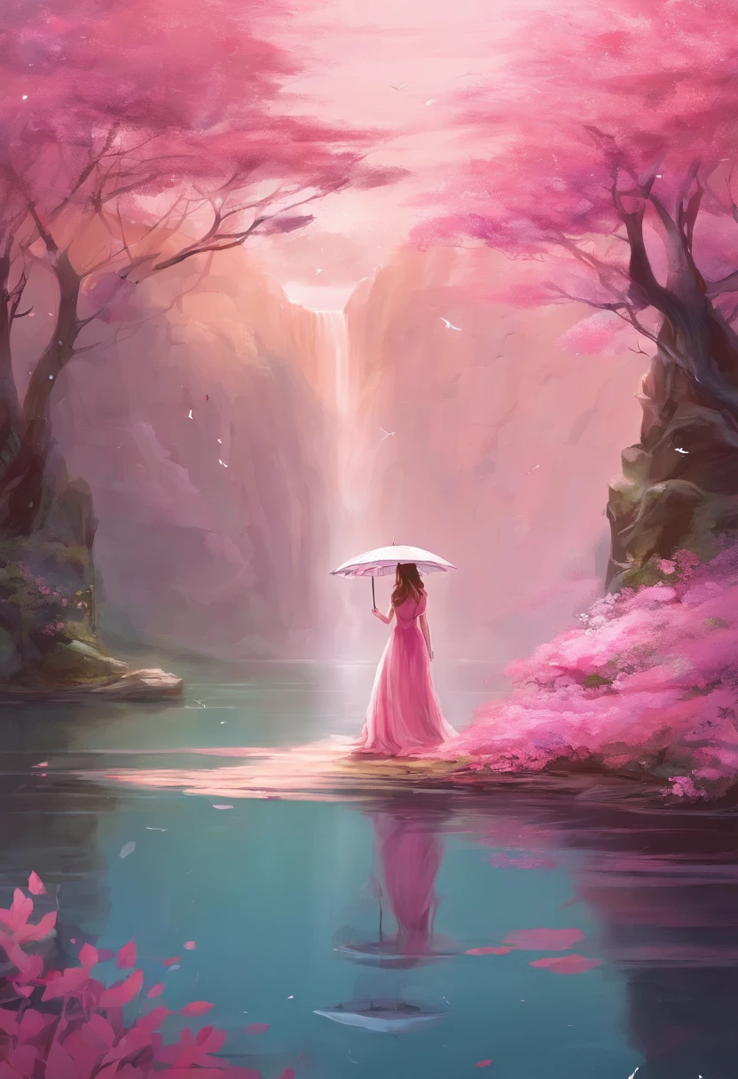 On board stood a woman in a pink dress,Holding an umbrella,terraced,Lake surface,Small pavilion
