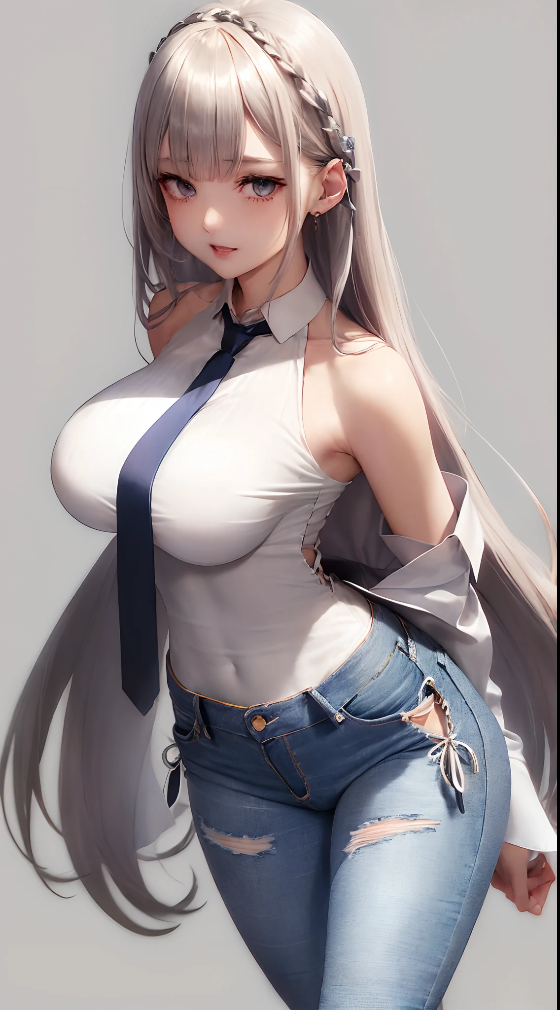 [monochromes:Subdued Color:2.6] theme, (masutepiece), (Best Quality), , Light Layer, Lustrous skin, (intricate-detail , taut clothes, ),  White hair, Long hair, hime-cut, Blunt bangs、Blue eyes、 30s、(maturefemale)、(((((Cutter shirt、neck tie、off shoulders、Tight jeans、Beautiful breasts、length hair)))))、symmetry、Thick lip、Lustrous lips、Tall lady、Standing Pose、white backgrounid、simple background、Single-color background、