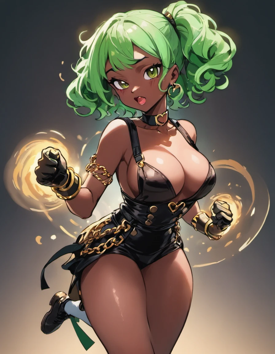 high resolution thick-line fighting game character splash-art (dark-skinned female) , nubian button nose, heart shaped face, full lips, green curly hair, . Wood tone skin, emerald eyes, soft physique, medium square body type, full breast, heart shaped rear, curvy hips :: (Urban style white and mint mid-drif tblouse, green tie, a black fllowing knee high suspender skirt, some white socks and black combat boots and some red weighted gloves, ) ( gold chain with quil pen hanging) BREAK (20 years-old, runaway heiress, cocky, newbie adventurer fighter and guild member, cunning and excitable, magic writer, ) BREAK(masterpiece), The style is inspired by Rival Schools, and the art is by Edayn and Alex "oh8" Ahmed. The two-tone background features an evening sun cascading over a futuristic urban city festival