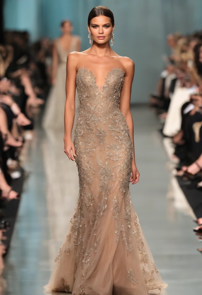 "Produza uma imagem de alta qualidade de um vestido de festa bordado, exibindo detalhes em pedraria no estilo de Elie Saab, com foco no manequim, apresentando a parte da frente e das costas com destaque para os detalhes e bordados."