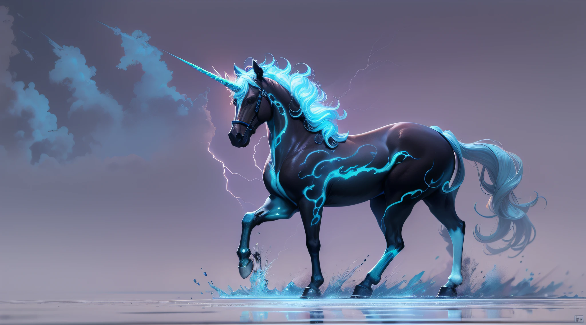 illustration，（Legendary artwork），（Running unicorns），Blue-black body，Fluorescence，rendering by octane：1.5，in a cloud，Faraway view，Ultra-clear image quality，No characters，（Cloud effects：1.5），（Lightning effects：1.5），（Water vapor effect：1.5），super detailing，8K，official works