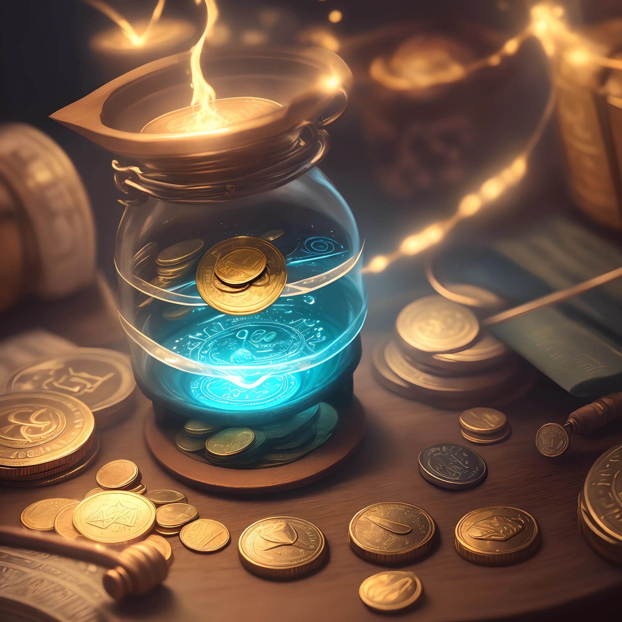 The magician creates magical coins and an intelligence potion