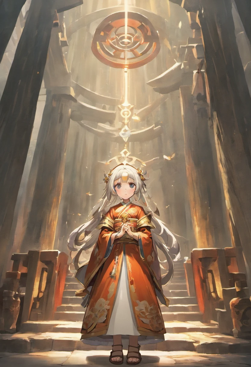 In a quiet village，A young girl in antique costume stands in front of an ancient temple。She looked up at the huge figure of God high above。，The statue of the god is majestic and majestic，As if beyond mortal dust。God is a young man，He wears gorgeous Hanfu，Manners are varied，Its appearance is huge，Like a god。

The girl's eyes showed awe and piety，Her hands clenched gently，Endless respect for the gods。In this peaceful village，God's presence brings peace and hope。His tall figure stood above the village，Like a guardian，Bring blessings and shelter to people。

The whole scene is full of ancient atmosphere，It exudes a mysterious and sacred light。The girl's costumes and statues show a strong atmosphere of antiquity，It's like going back in time。The picture is full of power and beauty，Awe-inspiring and moving。god rays, vanishing point, from below, Ultra-Wide Angle, Wide-Angle, UHD, high details, high quality, award winning, best quality, highres