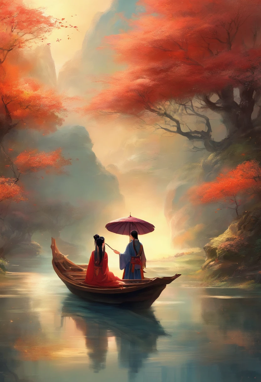 Boat lake umbrella pavilion,Wearing Chinese Han Dynasty costumes,Chinese fairy with loose black hair