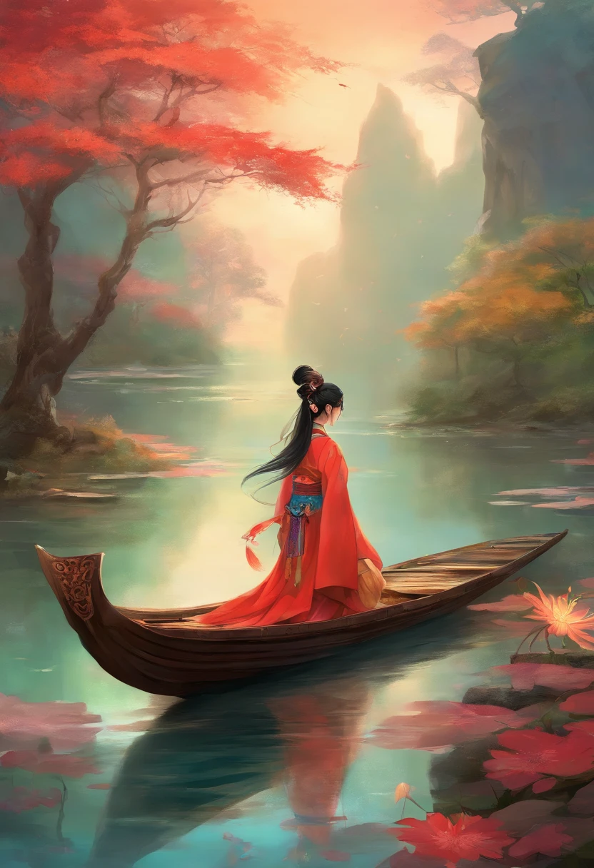 Boat lake umbrella pavilion，Wearing Chinese Han Dynasty costumes，Chinese fairy with loose black hair