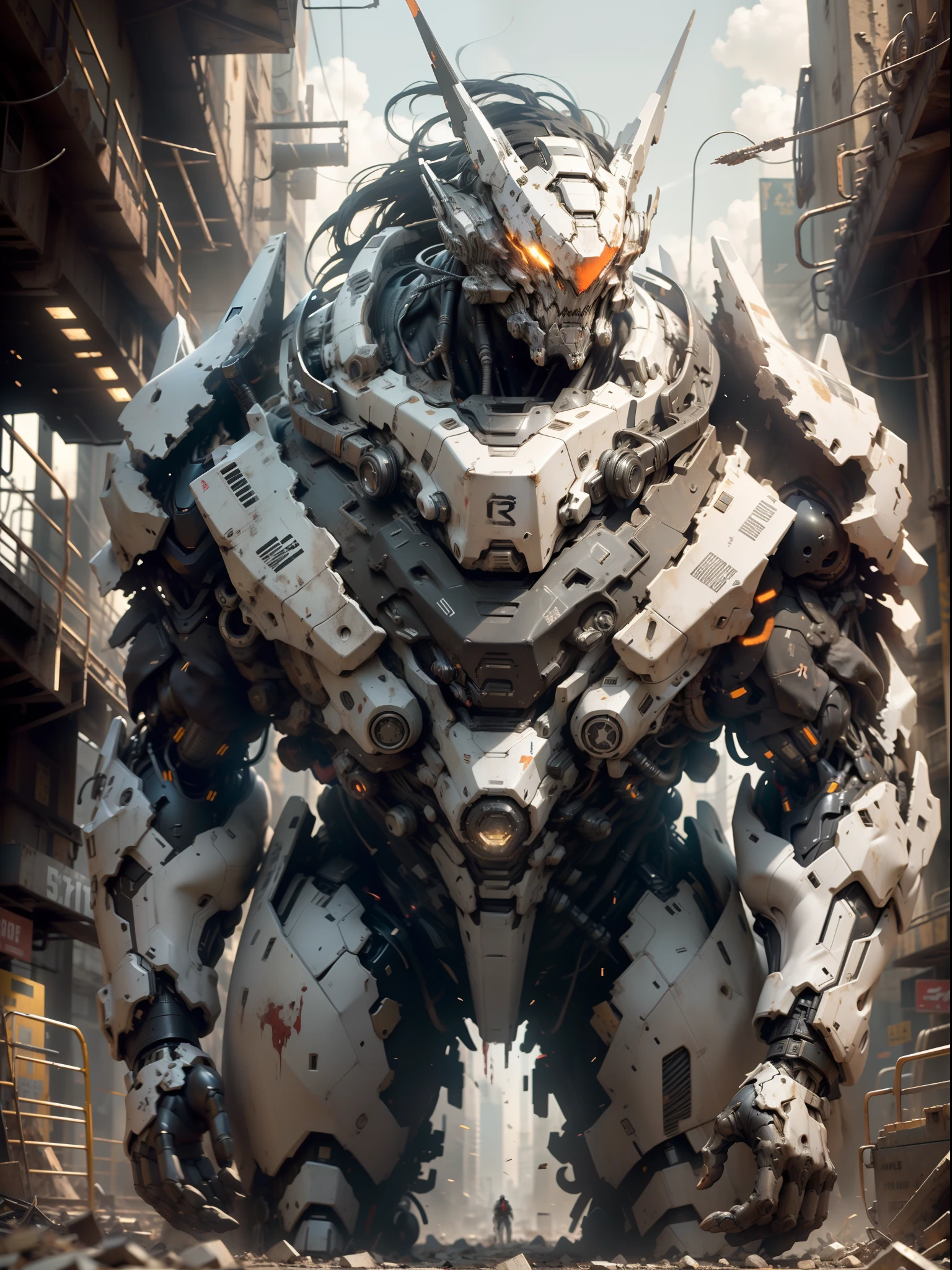 Dark_Fantasy, cyberpunk, (best quality, masterpiece), white, mecha in the shape of fat zombie, muscular body, horror, creepy, blood mess, chain, hip-hop suit style, humanoid presence, cybernetics guardian, wearing cybernetic robe, city, highest quality digital art, stunning art, wallpaper 4k, highly detailed, military mecha, army, war zone, black and white, highest quality digital art, stunning art, wallpaper 4k, 8k, 64k, hd, unparalleled masterpiece, dynamic lighting, transformers movie, epic, damaged mechanical parts