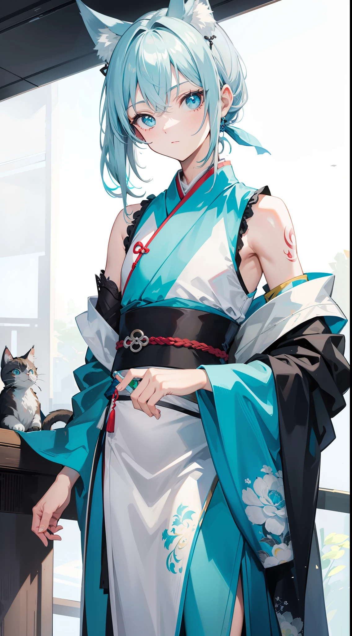 Young guy, short gray hair, high ponytail, Cyan eyes, Cat's ears, hanfu, Sleeveless, Tatoo, Masterpiece, hiquality