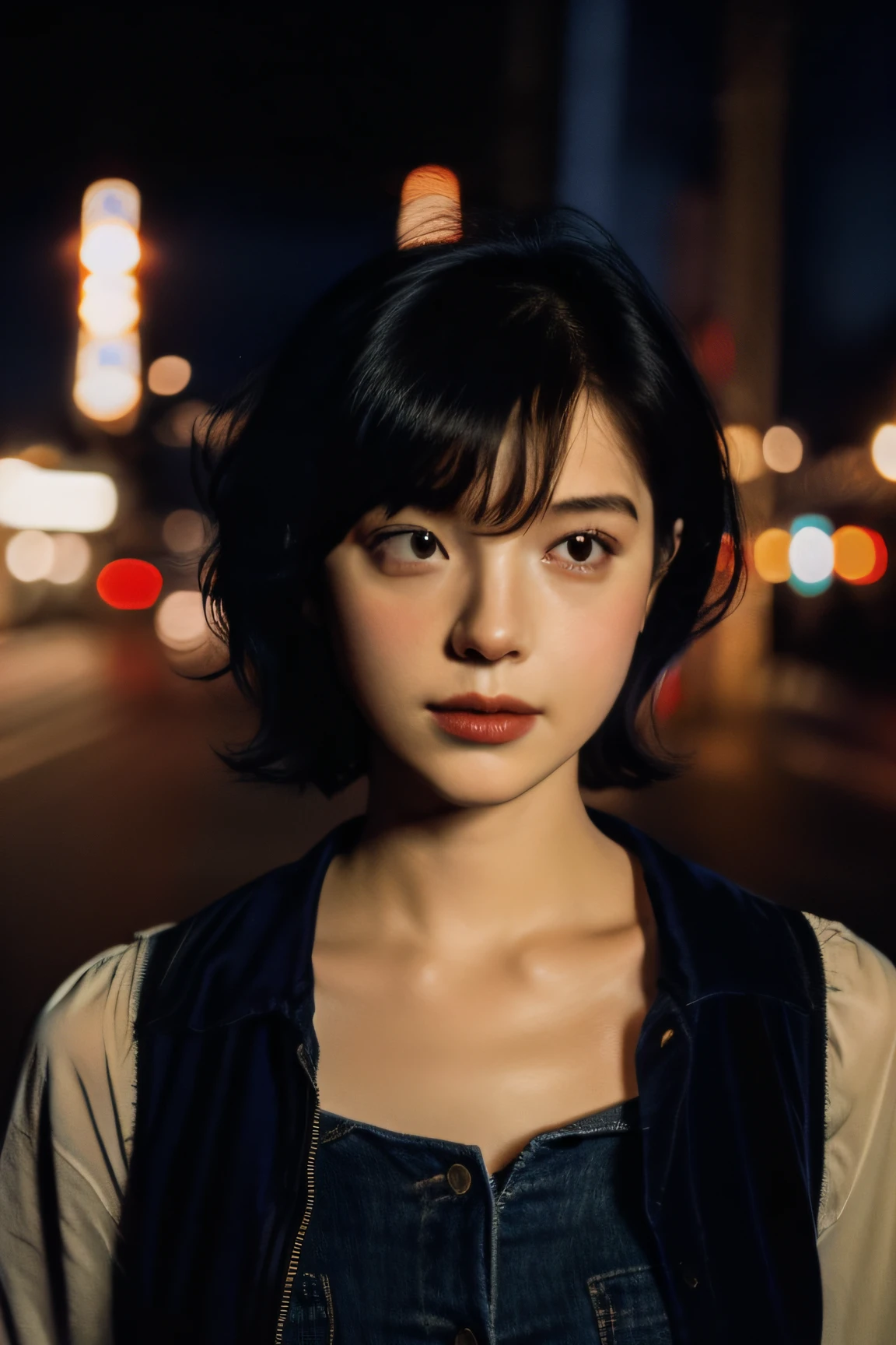 french woman face, rebel styel, summer clothes, alternative style, indie style,1980s, looking  away, dark short hair,, emotional, night city lights in the background, wavy short hair, photography