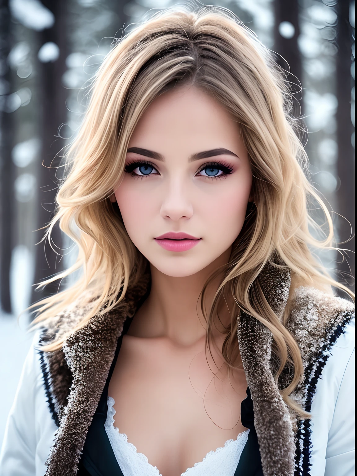 A portrait of a blonde, (makeup:1.1), amazing body, (fit body:1.2), lace outfit, highly detailed fur, natural skin texture, 4k textures, detailed belly, Highly detailed perfect smooth skin, Lightroom, Intricate, Ultra-Realistic, Out There, (HDR:1.3), UHD, (Intricate Detail, Hyper-Detailed:1.1), Cinematic, Photoreal, (Dark Shot:1.2), Dramatic, High Contrast, (Warm Color:1.1) , muted colors, master piece, elegant, sharp focus, winter, snow