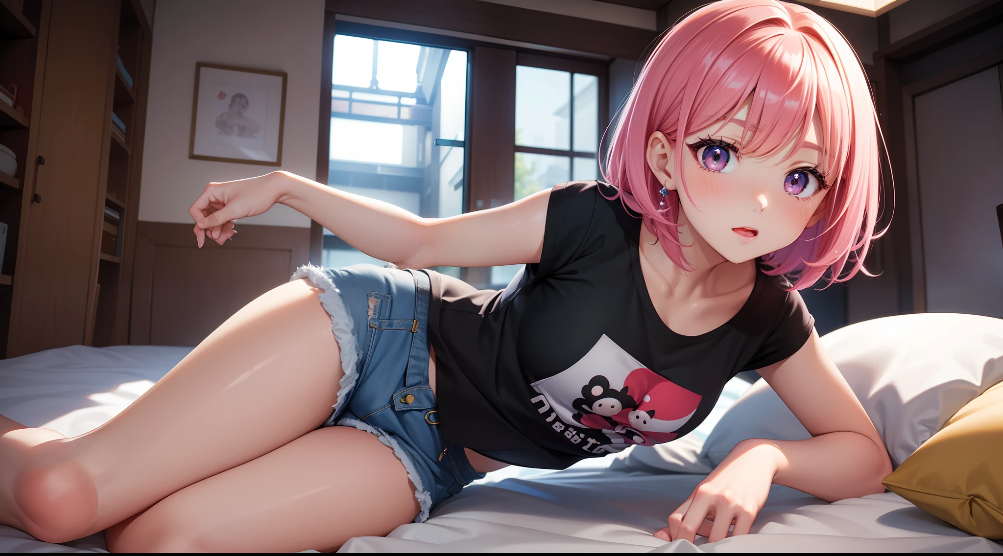 masutepiece, Best quality, japanaese girl, Girl, (Masterpiece), (Best Anatomy), A high resolution, Ultra-detailed, Dynamic lighting, Dynamic colors, best background, Best posture, Beautiful, Dreamy, Dream girl, Smooth skin, Shiny skin, Girl, model, model poses, Cute, Hot, Short bright pink hair, Big neon green eyes, Wide eyes, Being in the room, T-shirt, Ultra shorts, Cute face, Young face, Teenage uncensored, Japanese idol, __expression__, 女優、(masutepiece, top-quality:1.3), Sexy pose,