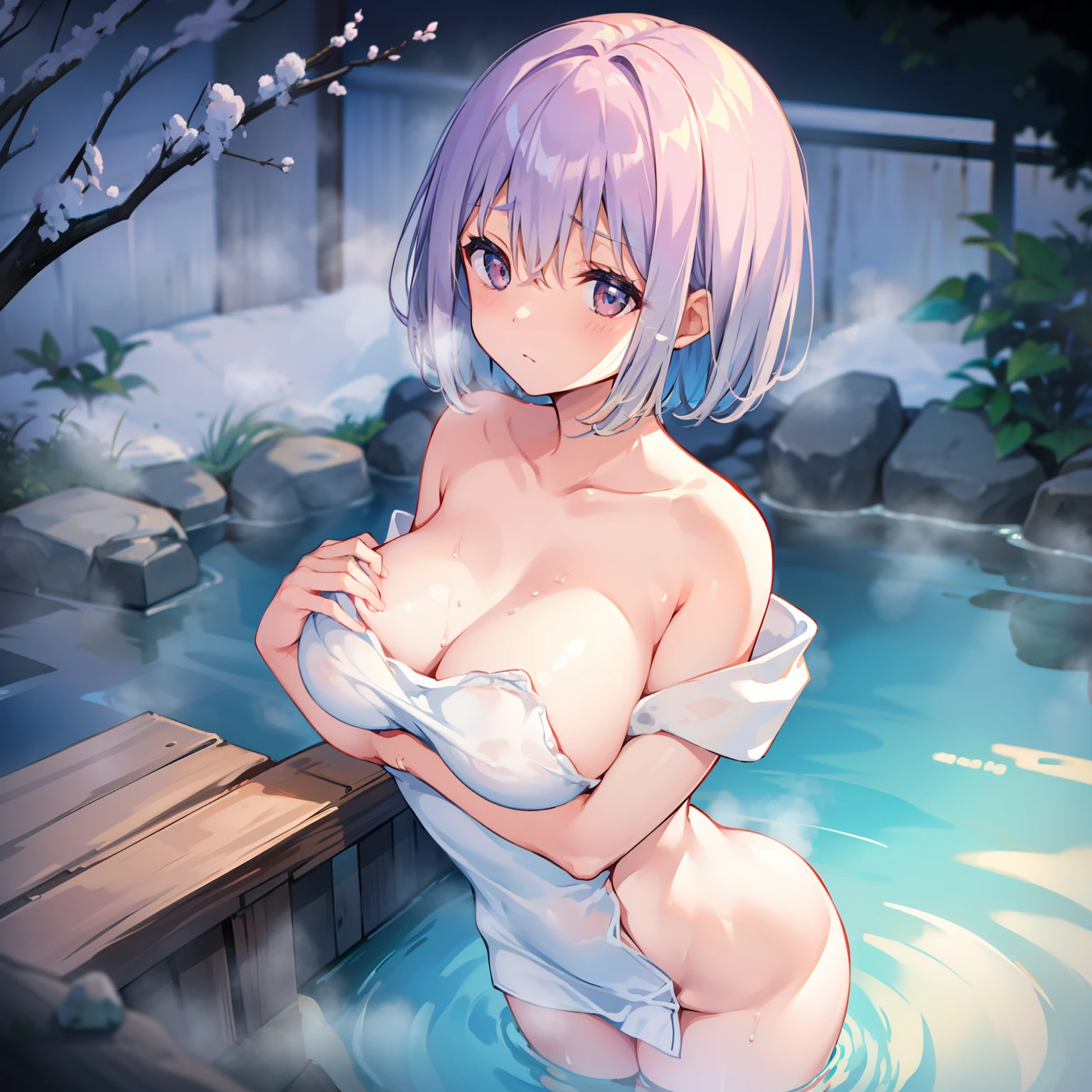 Soft skin、tits out、、barechested、bath towels、hot onsen、Steaming、a short bob、Shyness、A sexy、Lusting