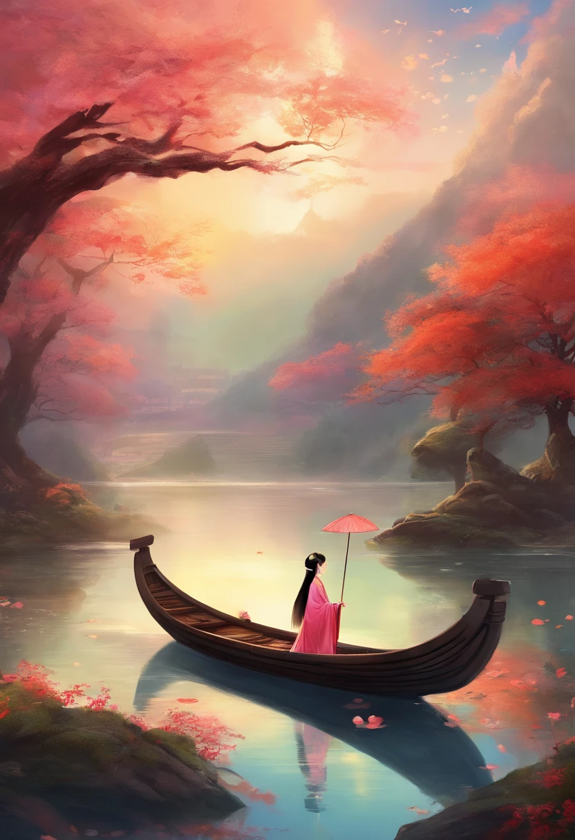 Boat lake umbrella pavilion，Wearing Chinese Han Dynasty costumes，Chinese fairy with loose black hair