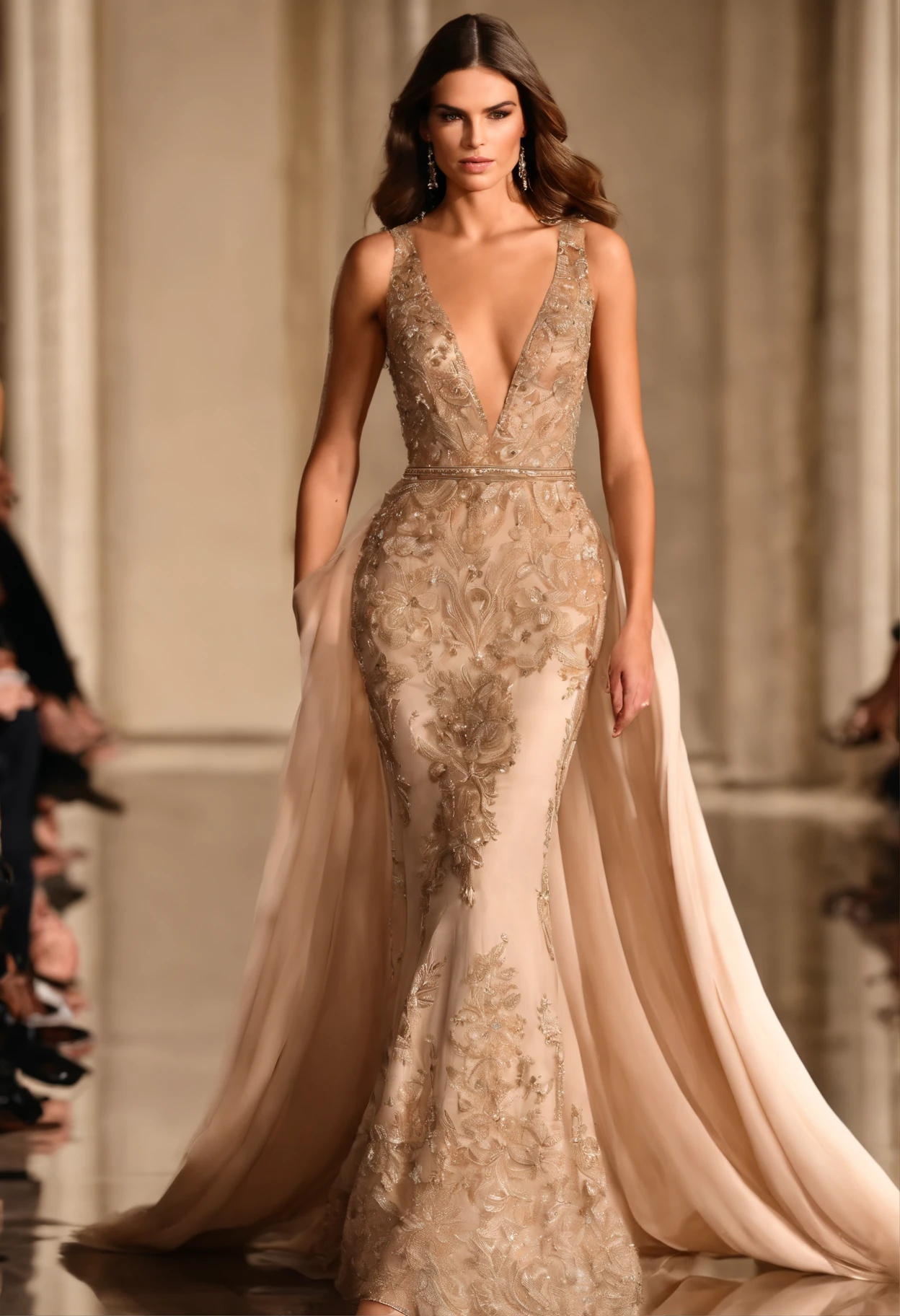 "Produza uma imagem de alta qualidade de um vestido de festa bordado, exibindo detalhes em pedraria no estilo de Elie Saab, com foco no manequim, apresentando a parte da frente e das costas com destaque para os detalhes e bordados."