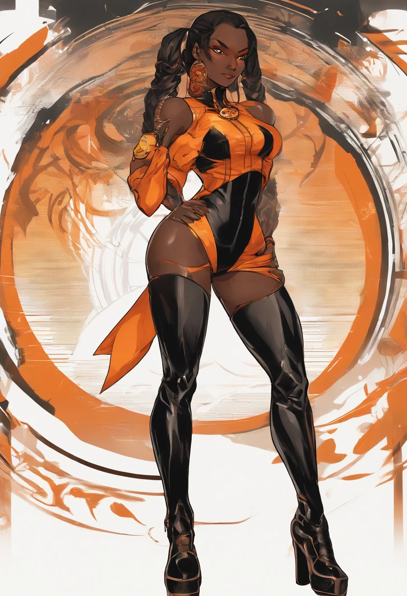 ( dark-skinned female, spiritual power,23-year-old,, emmiting a visible aura., ), (black and orange hair in twintails, hetrochromia orange and gold Almond shaped eyes , full lips, full breast , big aluring ass, wide nubian concave nose, heart shaped strong physique, strong, alluring,)::10 ( black boots,sensual red and orange summer dress, red Stylistic 'R' tattoo on her abdomen. Her right hand on hip, left hand glowing silver . strong magnificent body , )::4 (masterpiece), high quality, Octane Render, intricate, intricate details, maximalist, highly detailed, finely detailed, ultra-detailed, The two-tone background features a busy festive futuristic street at night.