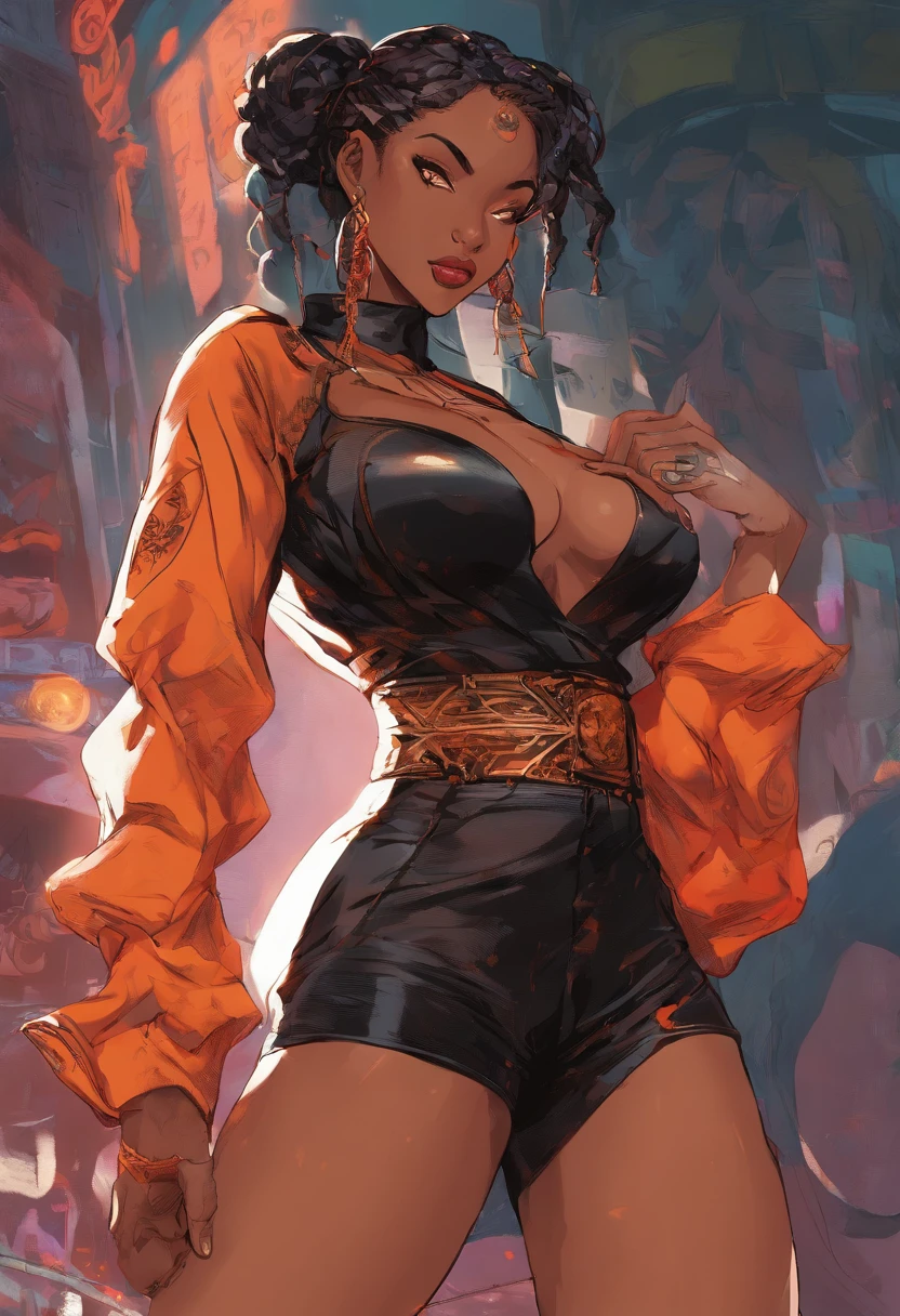 ( dark-skinned female, spiritual power,23-year-old,, emmiting a visible aura., ), (black and orange hair in twintails, hetrochromia orange and gold Almond shaped eyes , full lips, full breast , big aluring ass, wide nubian concave nose, heart shaped strong physique, strong, alluring,)::10 ( black boots,sensual red and orange summer dress, red Stylistic 'R' tattoo on her abdomen. Her right hand on hip, left hand glowing silver . strong magnificent body , )::4 (masterpiece), high quality, Octane Render, intricate, intricate details, maximalist, highly detailed, finely detailed, ultra-detailed, The two-tone background features a busy festive futuristic street at night.