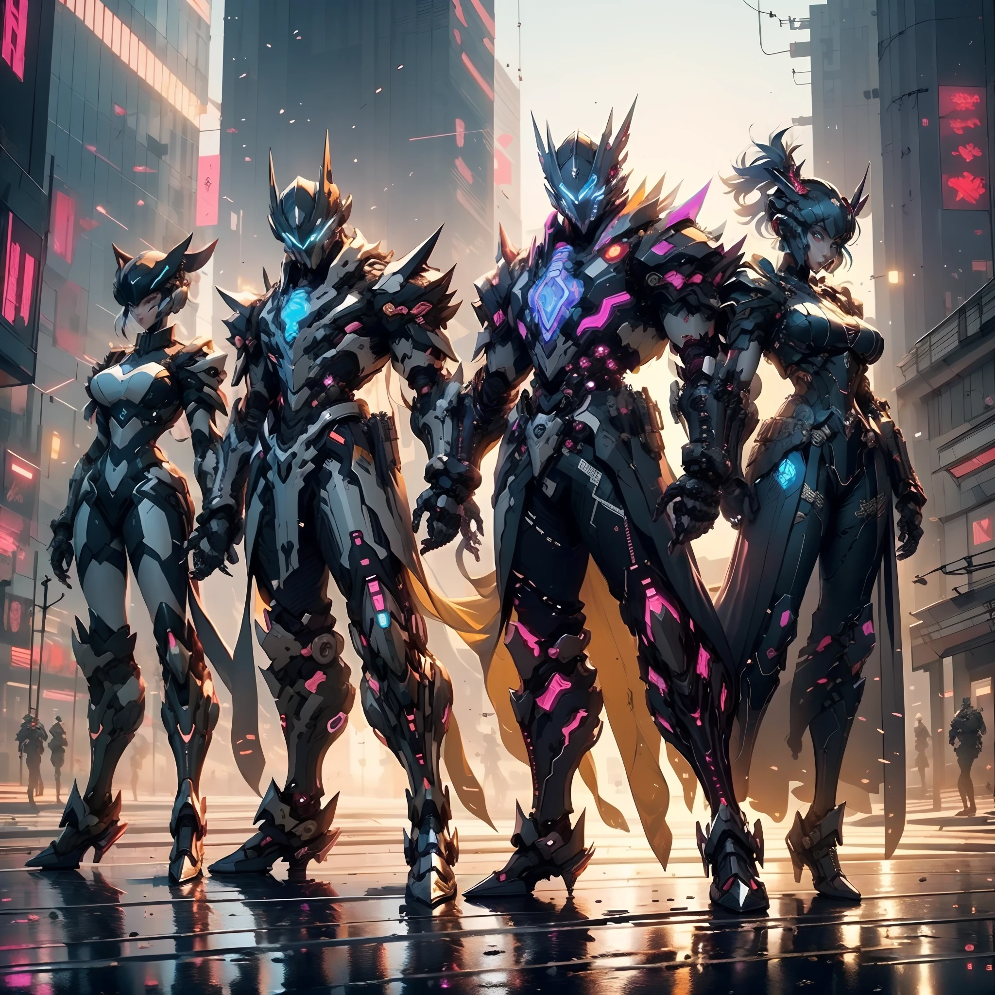 a group of people in cyber clothing standing in a street, cyberpunk imperial military, fantasy cyberpunk, epic fantasy cyberpunk, cgsociety cyberpunk, cyberpunk character design, muted cyberpunk style, gothic - cyberpunk, cyberpunk soldier, cyberpunk dark fantasy, has cyberpunk style, cyberpunk character art, cyberpunk character, cyberpunk style, hyper-realistic cyberpunk style, cyberpunk outfits, futuristic cyberpunk, modern cyberpunk