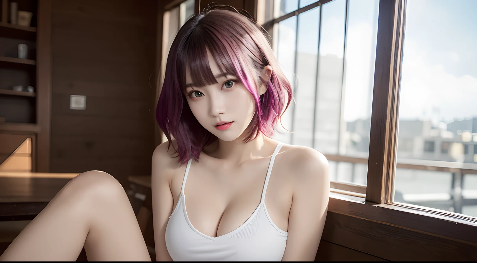 masutepiece, Best quality, japanaese girl, Girl, (Masterpiece), (Best Anatomy), A high resolution, Ultra-detailed, Dynamic lighting, Dynamic colors, best background, Best posture, Beautiful, Dreamy, Dream girl, Smooth skin, Shiny skin, Girl, model, model poses, Cute, Hot, Short bright pink hair, Big neon green eyes, Wide eyes, Being in the room, T-shirt, Ultra shorts, Cute face, Young face, Teenage uncensored, Japanese idol, __expression__, 女優、(masutepiece, top-quality:1.3), Sexy pose,