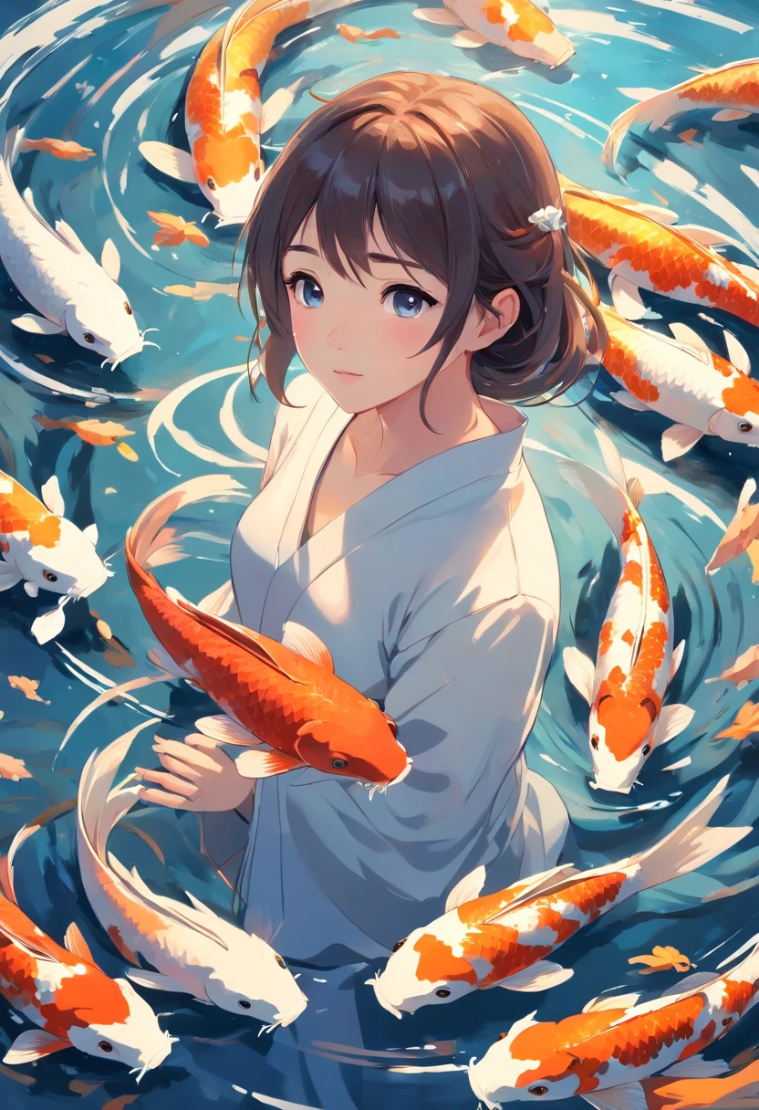 "A graceful depiction of a young girl surrounded by a swirling flock of mesmerizing koi fish, (lots of koi fishes),resembling an elegant and serene Japanese ink painting."