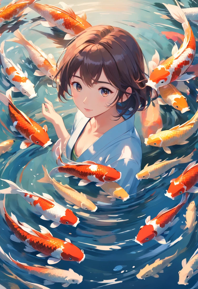 "A graceful depiction of a young girl surrounded by a swirling flock of mesmerizing koi fish, (lots of koi fishes),resembling an elegant and serene Japanese ink painting."