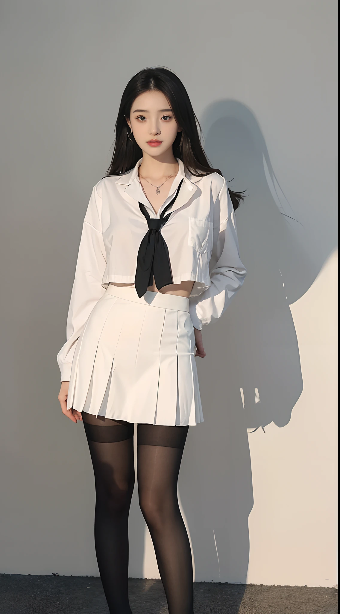 ((best qualtiy, 8K, tmasterpiece:1.3)), Focus:1.2, perfect figure beautiful woman:1.4, Cocked buttocks:1.2, ((exquisite long hair)) , (Interior white wall background), Highly detailed facial and skin texture, A detailed eye, 二重まぶた,Whiten skin,face fill light,Wear a necklace,roleplaying,JK school uniform,pleatedskirt,black pantyhoses, , Pure lust, stand posture,solo person,Full body photo