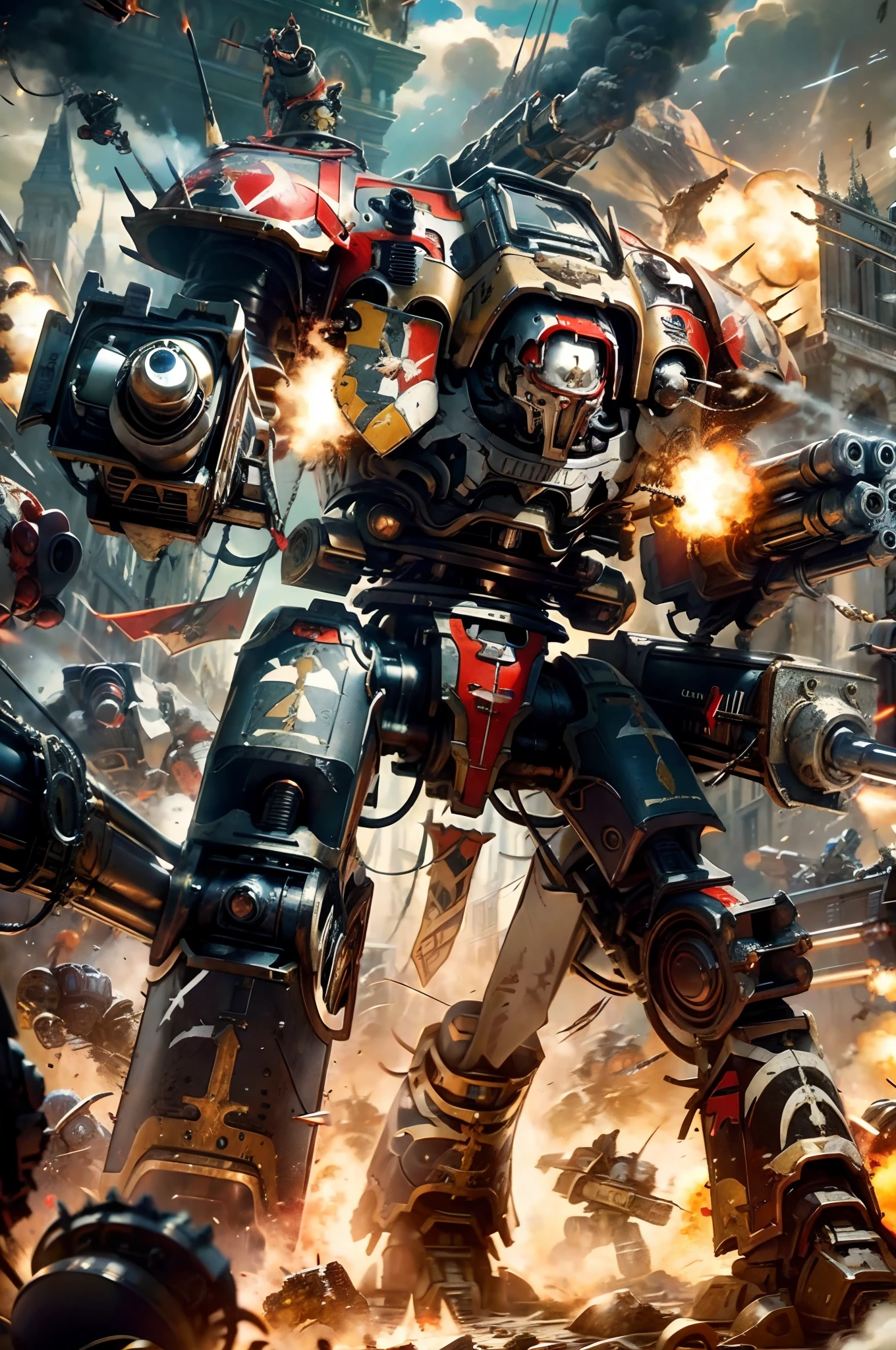 Photo of warhound, titan, gun, firing, chaos, 
red body, scartches, red colorway, shoulder cannon, arm cannon, gattling gun, damaged, huge gun,
in the background, firing, army, battle, in the middle of siege, heavy explosion, gun drone,