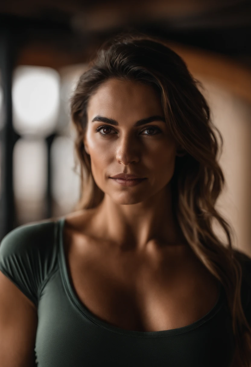 Corpo inteiro, mola canon de 55mm, volumeric lighting, Fujifilm XT3 lento, Retrato corpo inteiro , uma jovem mulher branca, Musculoso, very worried facial expression, 30 anos, medium light brown hair, mid hair, cabelo cacheado, wearing gym clothes, academia, image high resolution, textura detalhada, profundidade de campo realista, fazendo yoga na sala de estar