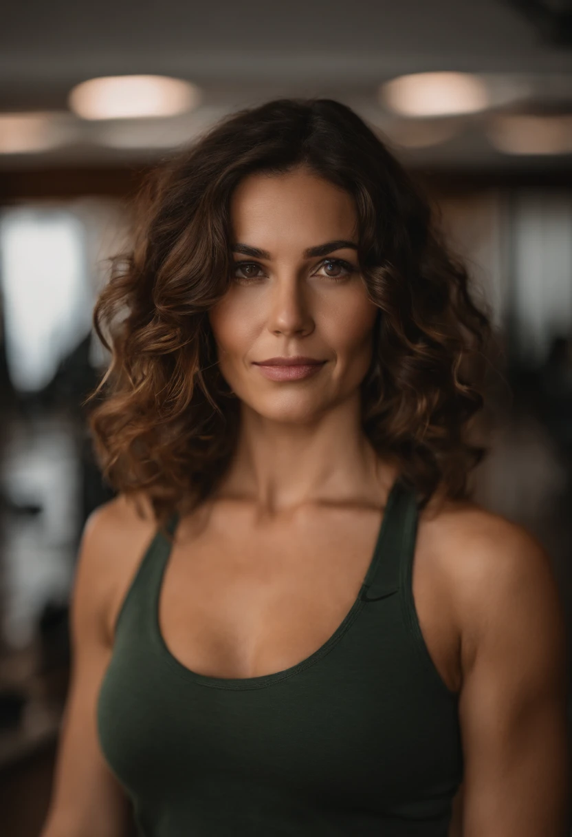Corpo inteiro, mola canon de 55mm, volumeric lighting, Fujifilm XT3 lento, Retrato corpo inteiro , uma jovem mulher branca, Musculoso, very worried facial expression, 30 anos, medium light brown hair, mid hair, cabelo cacheado, wearing gym clothes, academia, image high resolution, textura detalhada, profundidade de campo realista, fazendo yoga na sala de estar