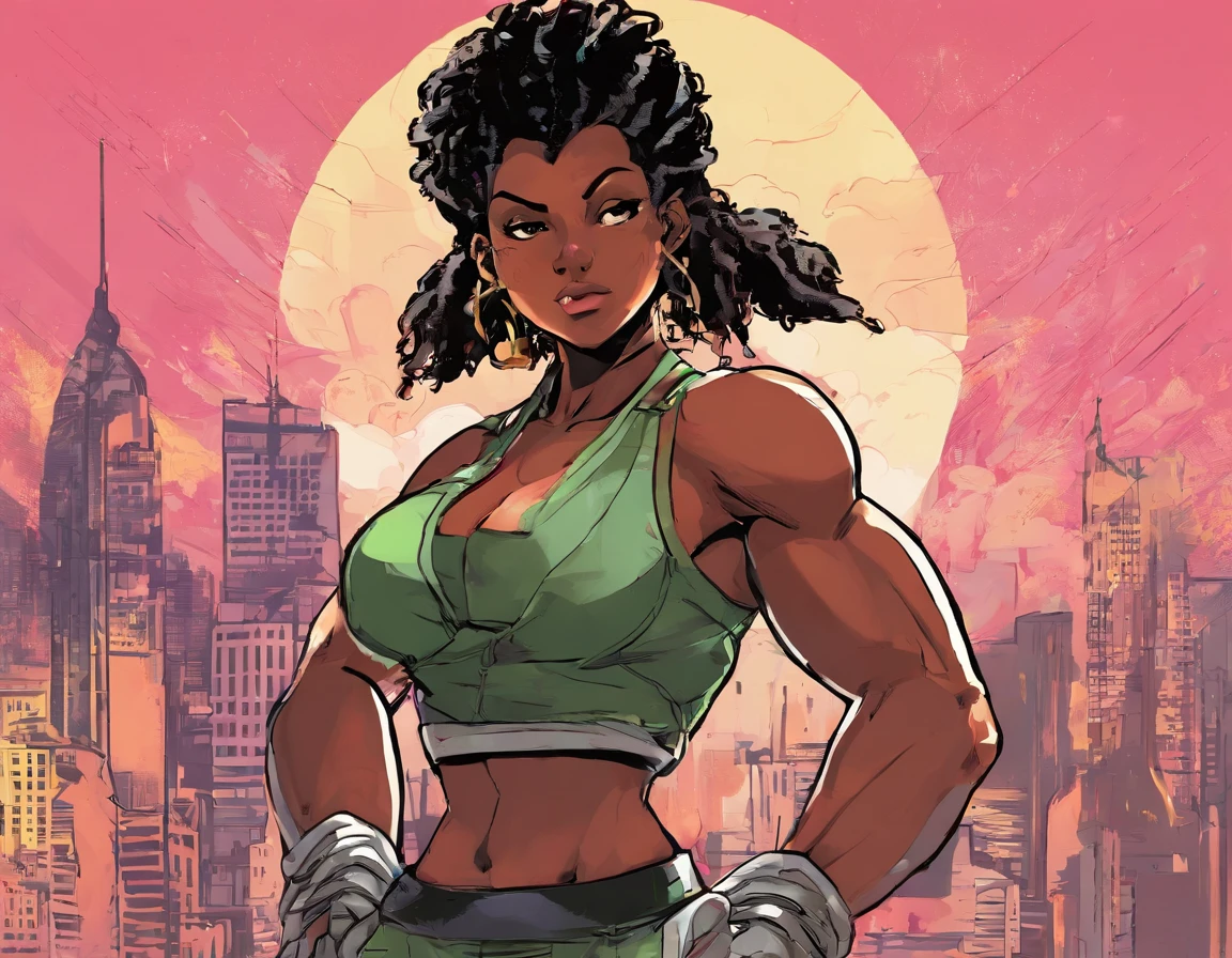 high resolution thick-line fighting game character splash-art ( 19-year old Darkskin domincan female),::(hacker, adventurer,and tonfa user) ( small nubian convex nose, round face, full lips, pixie cut, chocolate complexion medium chest, curvy hips, and slender tone physique.):: (light glittering sand eye shadow, golden eyes,):1.3 :: (red tank top, black low riding shorts, pink bikini bottoms,) (thigh, wrist,ankle and shoulder athletic tape) She is raven armored casing sneakers , a green grid gloves,):1.3 ( radiating GREEN AURA) (energetic, adventurous, flighty) (masterpiece:1.2), (ultra-detailed:1.2), (perfect details), (extremely fine and beautiful:1.1), beautiful face, beautiful eyes, (detailed face, detailed eyes:1.2), detailed lip, shiny skin, oil skin, shiny hair, sense of depth, depth of field, ,(dynamic angle, scenery, dramatic lighting, volumetric lighting, golden hour, masterpiece), high quality, Octane Render, intricate, intricate details, maximalist, highly detailed, finely detailed, ultra-detailed, Rival Schools, Edayn, udon, and Alex "oh8" Ahmed. The two-tone background features an evening sun cascading over a futuristic urban city festival (, dynamic pose:1.3),