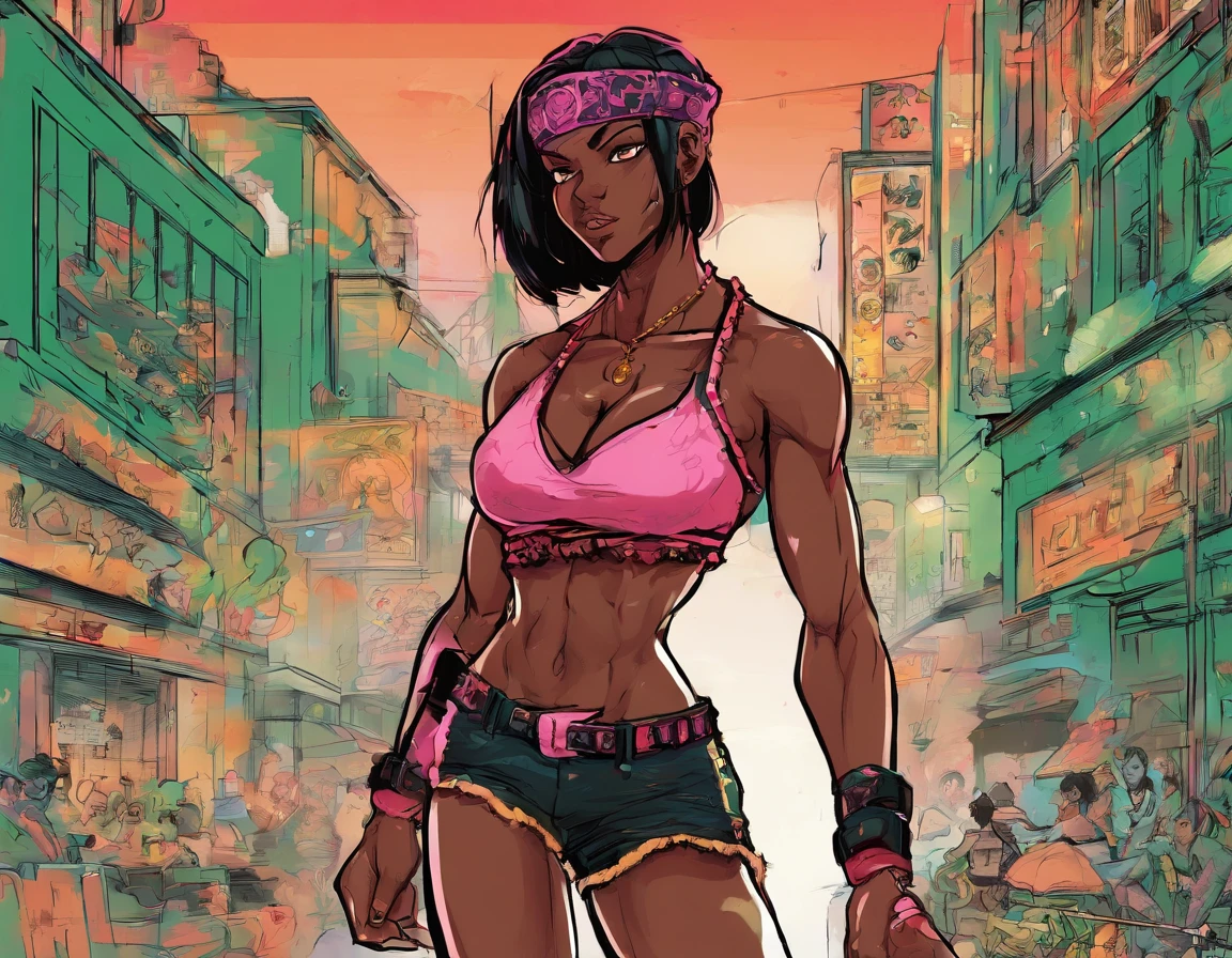 high resolution thick-line fighting game character splash-art ( 19-year old Darkskin domincan female),::(hacker, adventurer,and tonfa user) ( small nubian convex nose, round face, full lips, pixie cut, chocolate complexion medium chest, curvy hips, and slender tone physique.):: (light glittering sand eye shadow, golden eyes,):1.3 :: (red tank top, black low riding shorts, pink bikini bottoms,) (thigh, wrist,ankle and shoulder athletic tape) She is raven armored casing sneakers , a green grid gloves,):1.3 ( radiating GREEN AURA) (energetic, adventurous, flighty) (masterpiece:1.2), (ultra-detailed:1.2), (perfect details), (extremely fine and beautiful:1.1), beautiful face, beautiful eyes, (detailed face, detailed eyes:1.2), detailed lip, shiny skin, oil skin, shiny hair, sense of depth, depth of field, ,(dynamic angle, scenery, dramatic lighting, volumetric lighting, golden hour, masterpiece), high quality, Octane Render, intricate, intricate details, maximalist, highly detailed, finely detailed, ultra-detailed, Rival Schools, Edayn, udon, and Alex "oh8" Ahmed. The two-tone background features an evening sun cascading over a futuristic urban city festival (, dynamic pose:1.3),