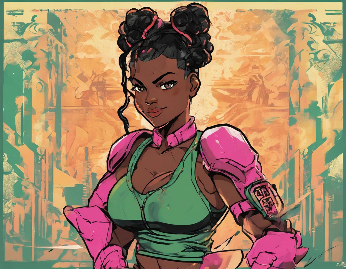 high resolution thick-line fighting game character splash-art ( 19-year old Darkskin domincan female),::(hacker, adventurer,and tonfa user) ( small nubian convex nose, round face, full lips, pixie cut, chocolate complexion medium chest, curvy hips, and slender tone physique.):: (light glittering sand eye shadow, golden eyes,):1.3 :: (red tank top, black low riding shorts, pink bikini bottoms,) (thigh, wrist,ankle and shoulder athletic tape) She is raven armored casing sneakers , a green grid gloves,):1.3 ( radiating GREEN AURA) (energetic, adventurous, flighty) (masterpiece:1.2), (ultra-detailed:1.2), (perfect details), (extremely fine and beautiful:1.1), beautiful face, beautiful eyes, (detailed face, detailed eyes:1.2), detailed lip, shiny skin, oil skin, shiny hair, sense of depth, depth of field, ,(dynamic angle, scenery, dramatic lighting, volumetric lighting, golden hour, masterpiece), high quality, Octane Render, intricate, intricate details, maximalist, highly detailed, finely detailed, ultra-detailed, Rival Schools, Edayn, udon, and Alex "oh8" Ahmed. The two-tone background features an evening sun cascading over a futuristic urban city festival (, dynamic pose:1.3),