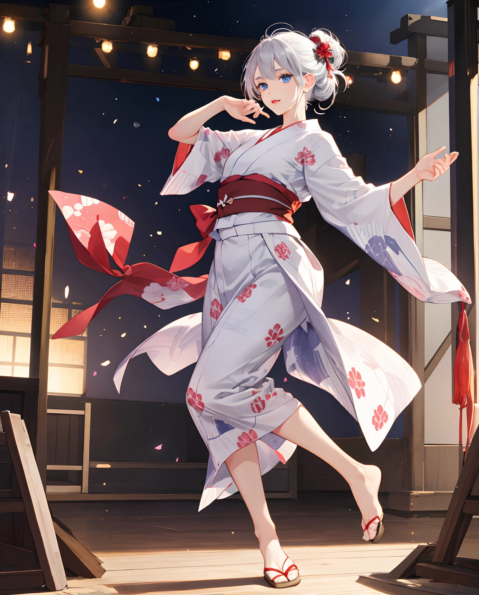 Good Dance Festival,young  woman, Silver hair, Blue eyes, Detailed beautiful face, Slim body, Beautiful young girl,extremely realistic photographs, Cute Pose,Full body,Dancing on the Yagura stage,Yukata