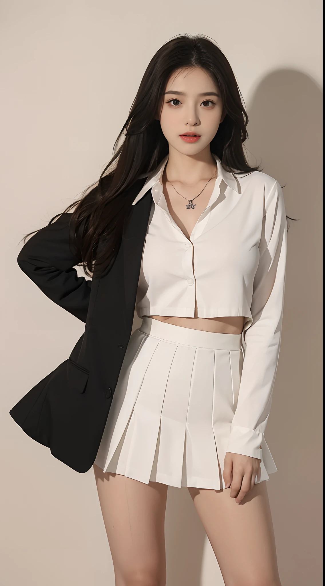 ((best qualtiy, 8K, tmasterpiece:1.3)), Focus:1.2, perfect figure beautiful woman:1.4, Cocked buttocks:1.2, ((exquisite long hair)) , (Interior white wall background）, Highly detailed facial and skin texture, A detailed eye, 二重まぶた，Whiten skin，face fill light，Wear a necklace，roleplaying，JK school uniform，pleatedskirt，black pantyhoses, , Pure lust， stand posture，solo person，Full body photo