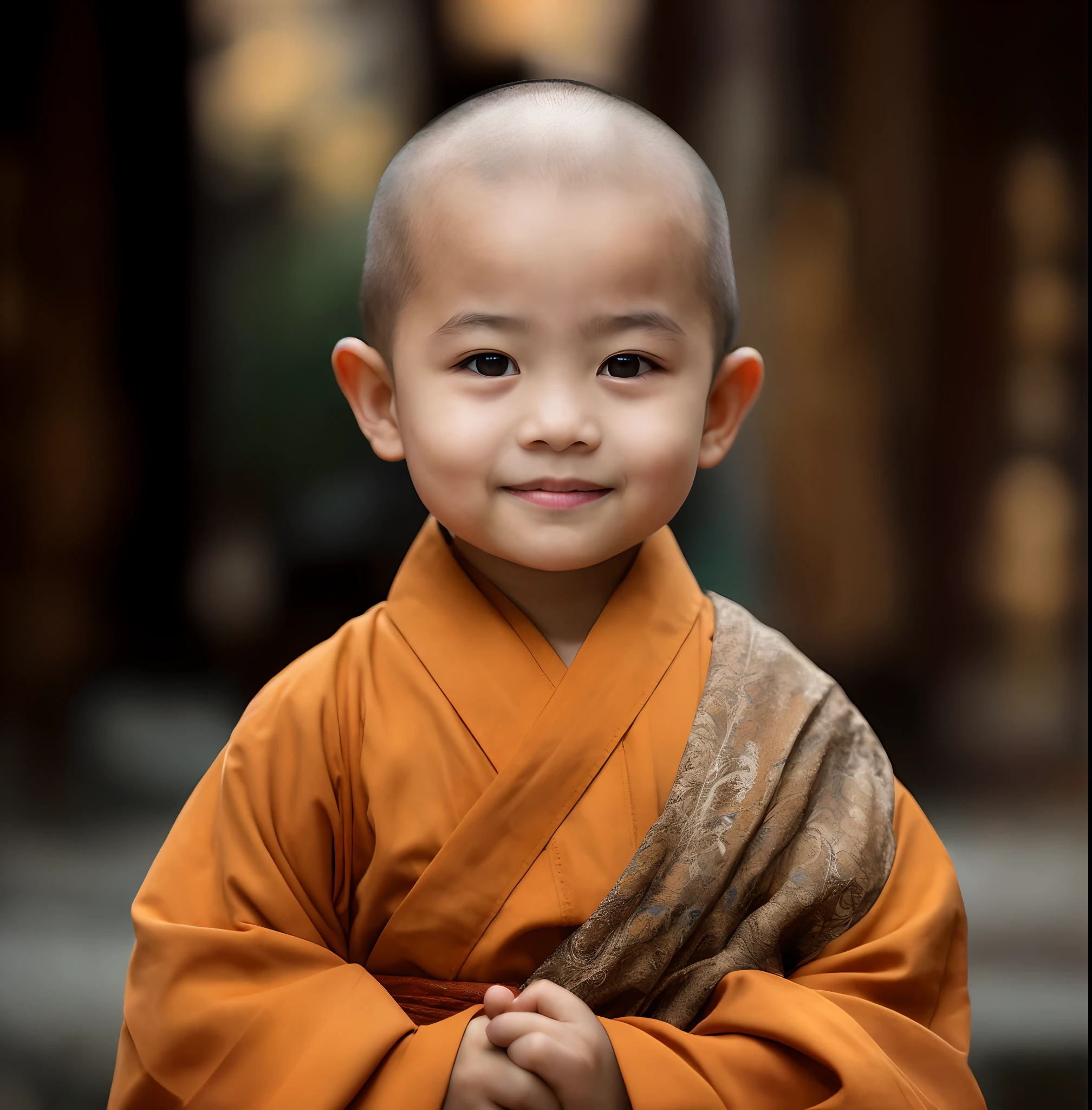 arafed child in a robe standing in front of a building, buddhist monk, monk clothes, portrait of monk, wearing brown robes, monk, Serene expression, Buddhist, 2 1 st century monk, portrait shooting, a serene smile, wearing nun outfit, peaceful expression, kid, close up portrait shot, ancient japanese monk, dressed in simple robes