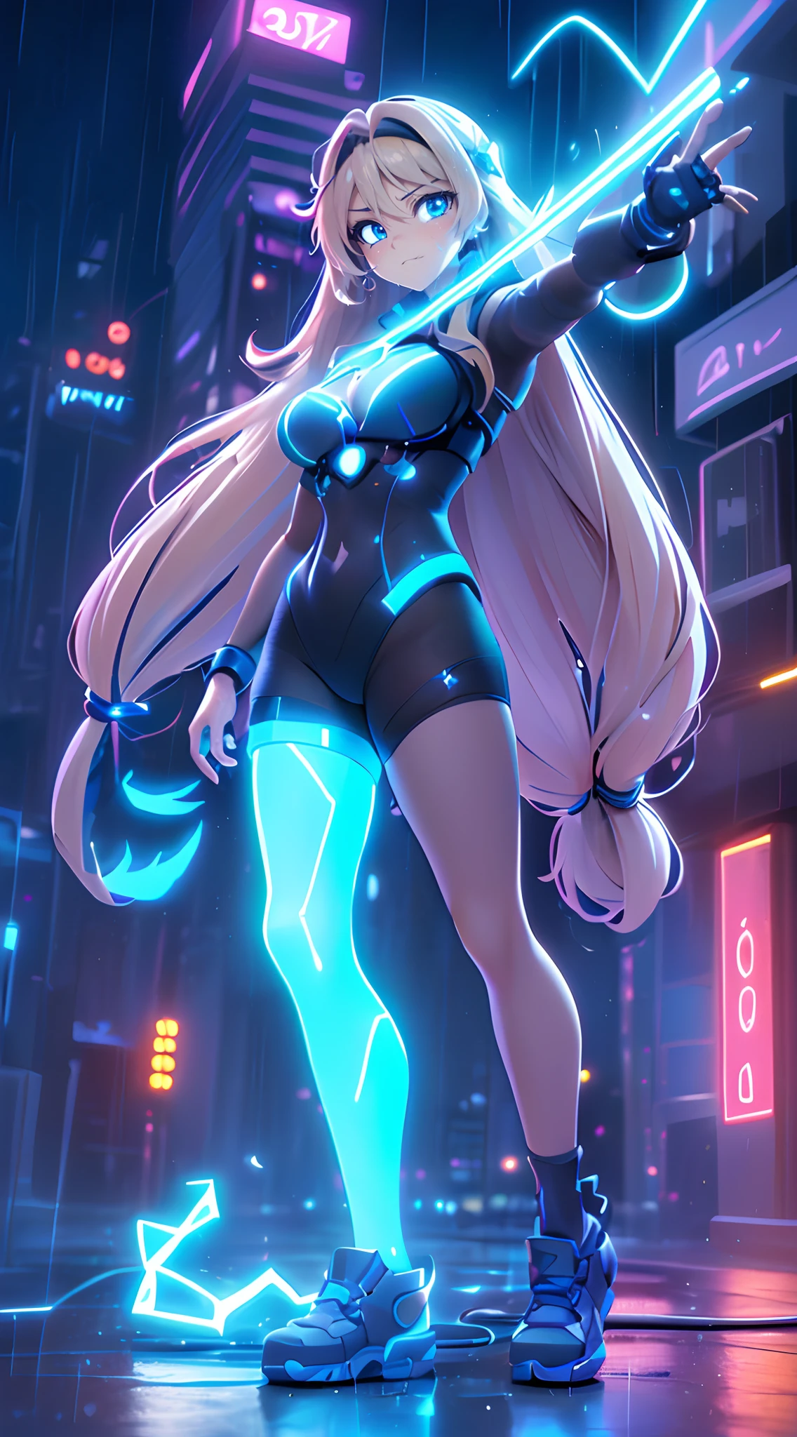 (Dynamic Angle:1.4), ((Full body posing:1.5), (Colorful:1.2), (Highly detailed CG Unity 16K wallpaper:1.1), (Denoising strength: 1.45), (tmasterpiece:1.37), ((Official art)), of the highest quality, (Realistic), Green Cyber Girl, 2 head body,Deformed Character,cute expression, (Super long hair:1.6),voluminous hair,Hair in motion,Golden hair,Glowing eyes,(blue eyess:1.2), wires, (LED:1.3), (a hologram:1.2), ((Makeover Pose:1.5)),((dynamicposes:1.5)),futuristic city street, Neon light, Skyscrapers, (Night:1.2), (Rain:1.2), (Rainbow Model:1.2), 8K resolution, (Anime style:1.3), Cinematic lighting, chromatic abberation, spark of light, Ray tracing, blending, ultra wide-angle, Hasselblad, (masutepiece), (masutepiece), ((Best Quality)), ((masutepiece)), nffsw
