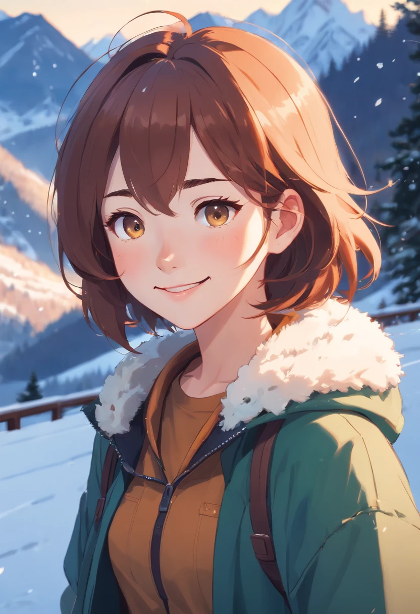 portrait of beautiful smiling woman with some freckles, snow-covered mountain landscape background,perfect eyes, dramatic lighting, golden ratio details aesthetic octane render excellent composition natural textures 8k masterpiece canon eos r4s 50, perfect eyes